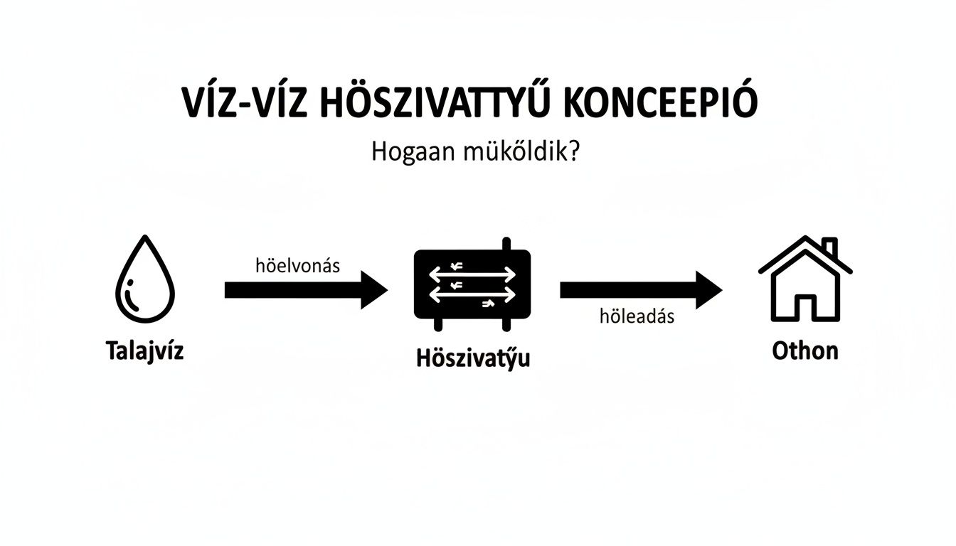 Ez az ábra a víz-víz hőszivattyú működési elvét mutatja be, a talajvíztől az otthonig tartó hőáramlást.
