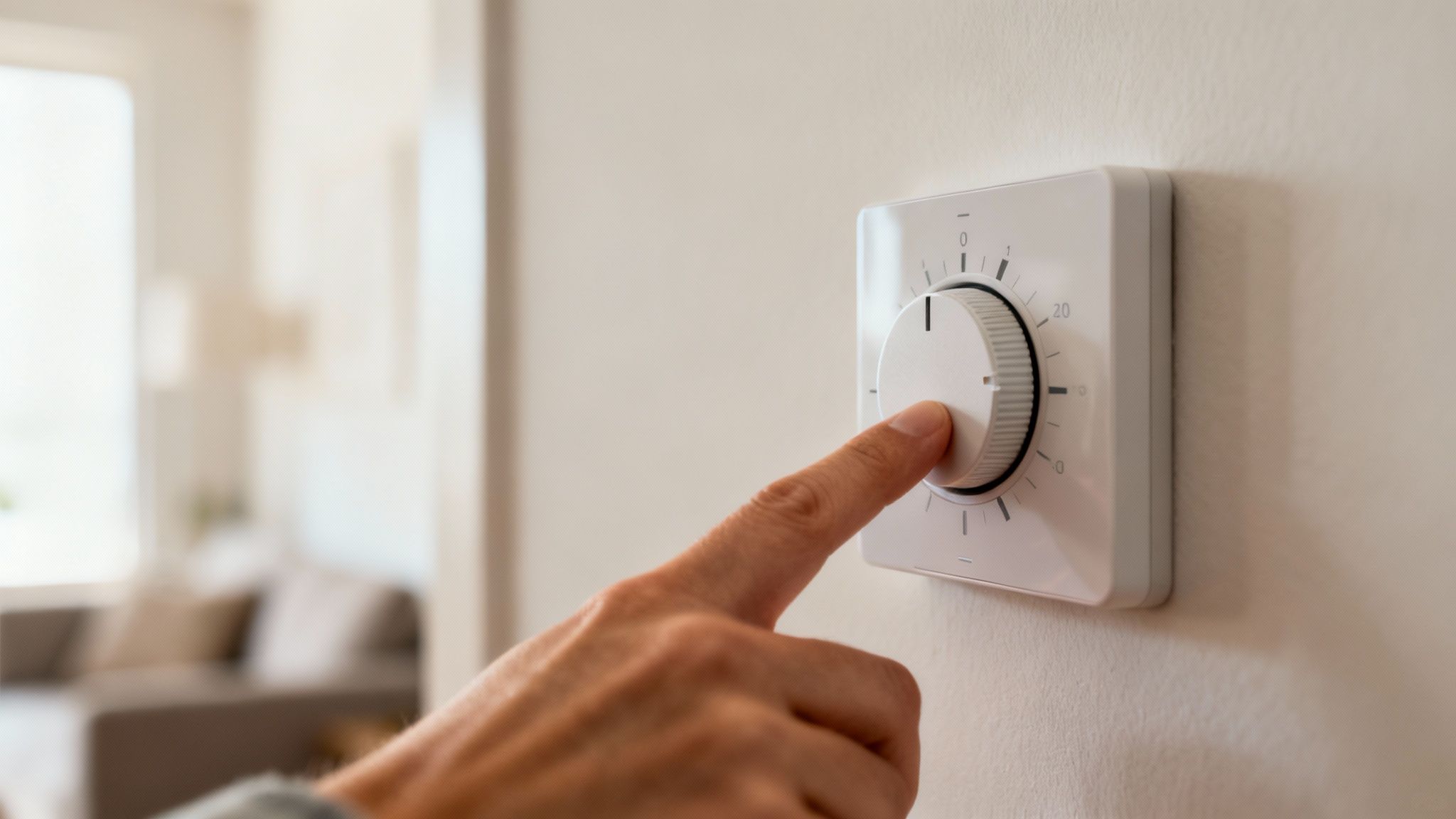 Egy emberi kéz egy fehér termosztátot állít a falon, amely egy lakás hőmérsékletét szabályozza.