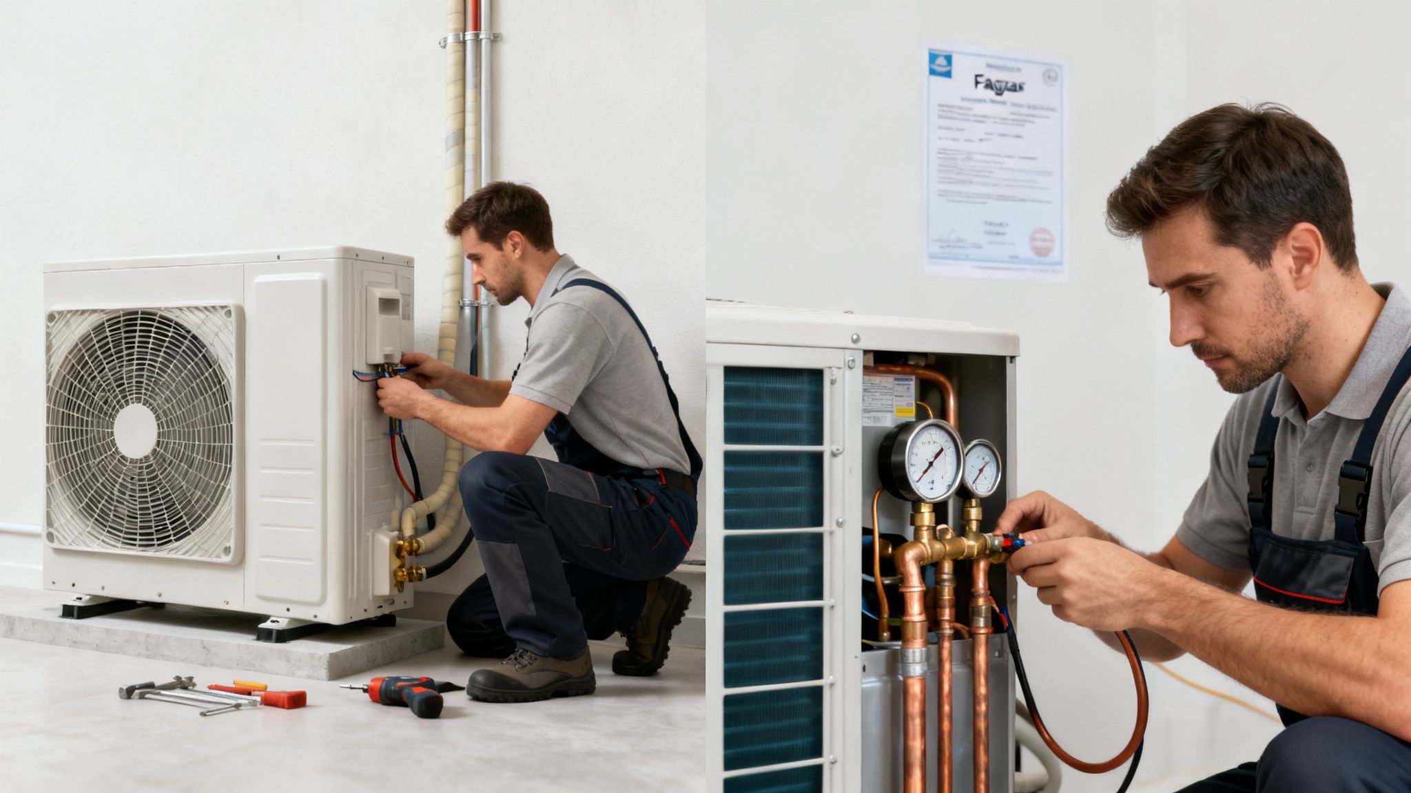 Szakember hőszivattyút szerel és beköt, valamint nyomásmérőket csatlakoztat a rendszer ellenőrzéséhez.