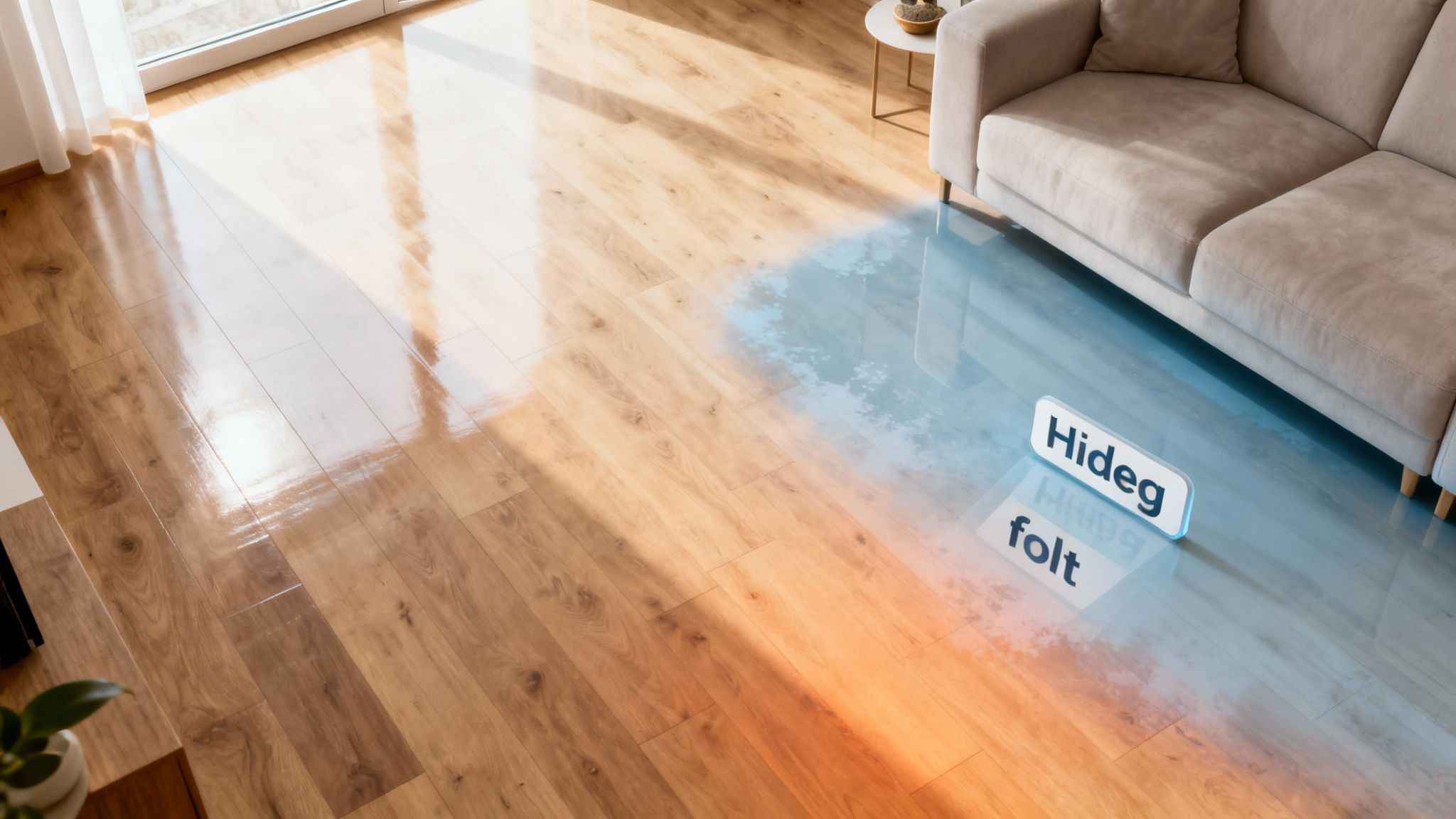 A padlófűtés hideg foltot mutat egy modern nappaliban, egy kanapé és fa padlófelület mellett.