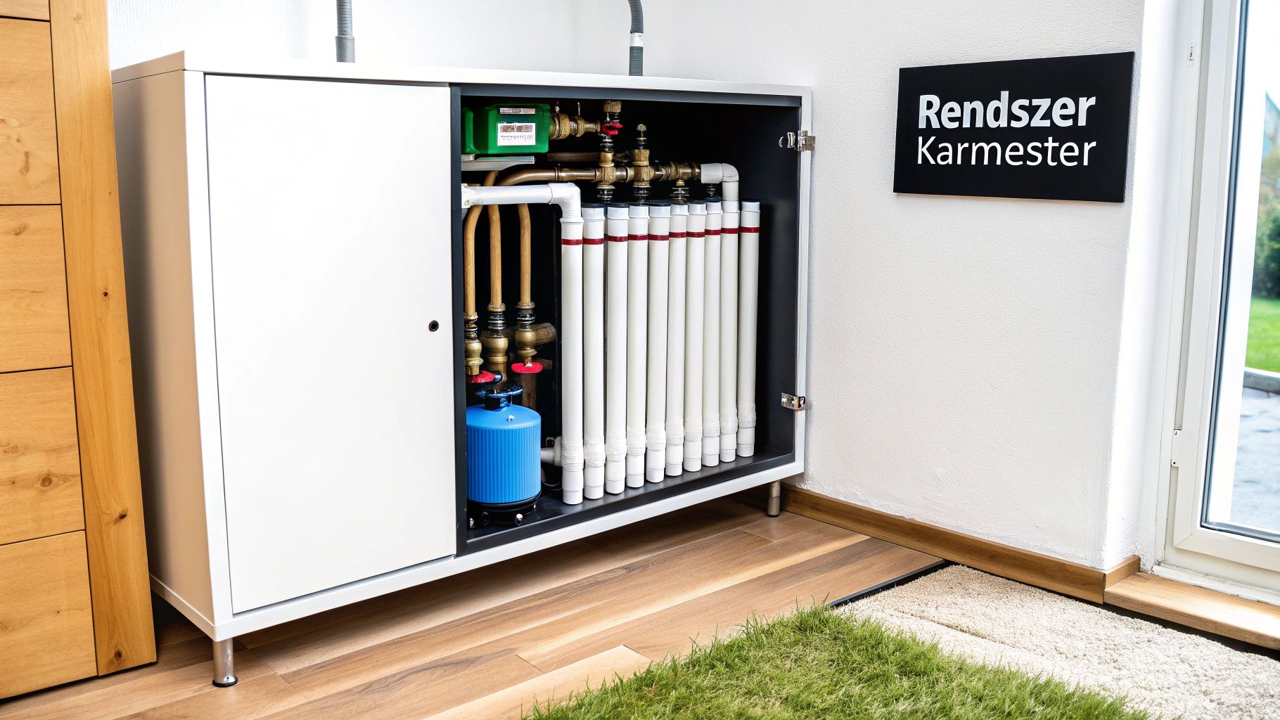 Padlófűtés osztó gyűjtő egy osztószekrényben beszerelve