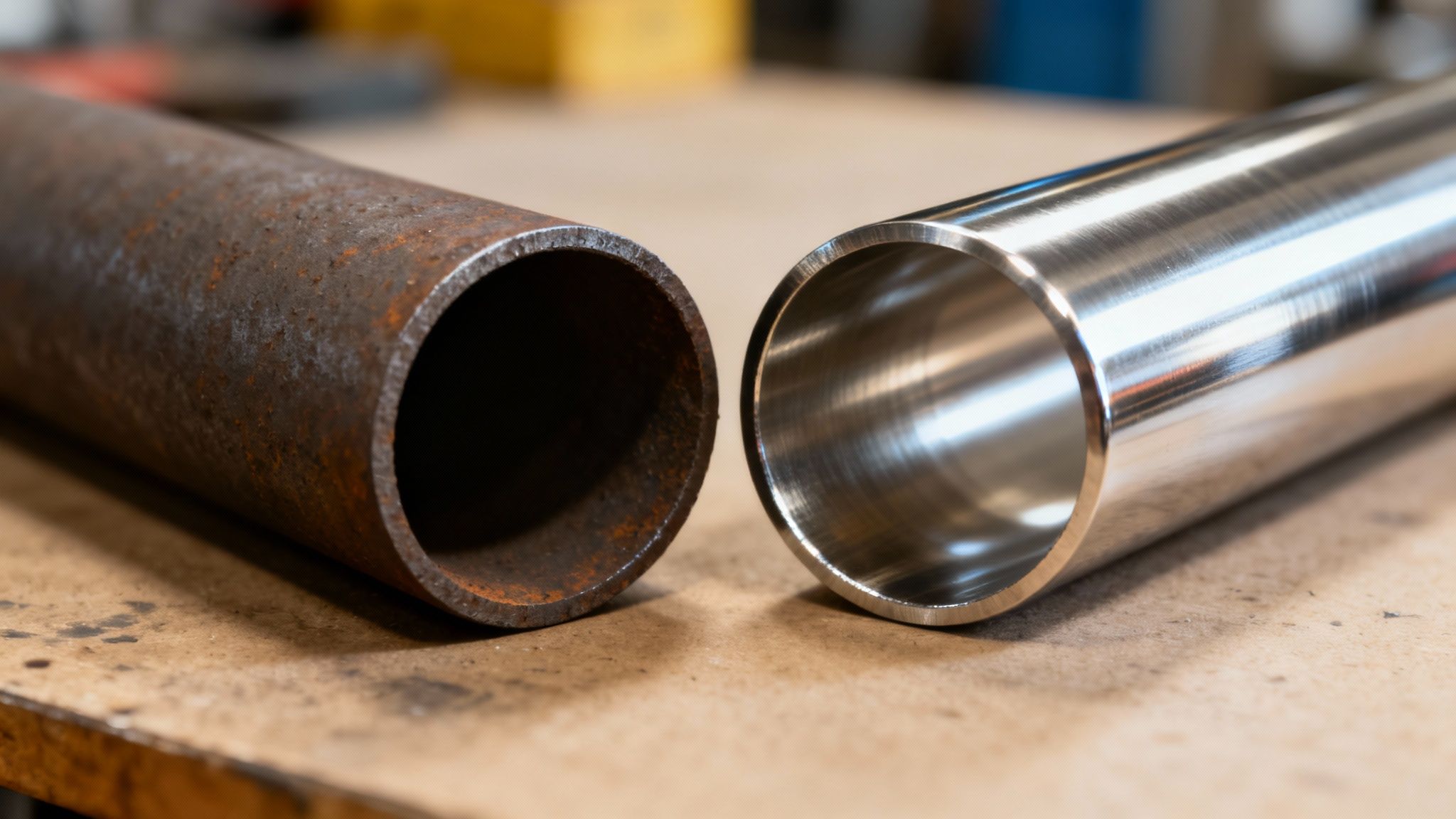 Rozsdás szénacél cső és fényes rozsdamentes acélcső kontrasztja egy asztalon, illusztrálva az anyagkülönbséget.