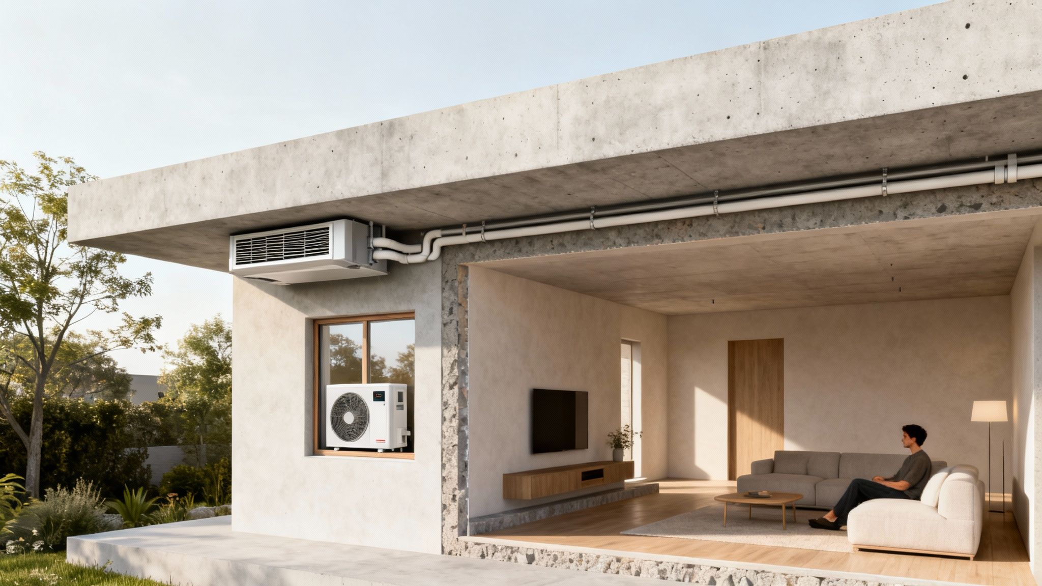 Modern épület hűtési rendszere hőszivattyúval és monolit betonfödémmel, ahol egy férfi pihen a kanapén.