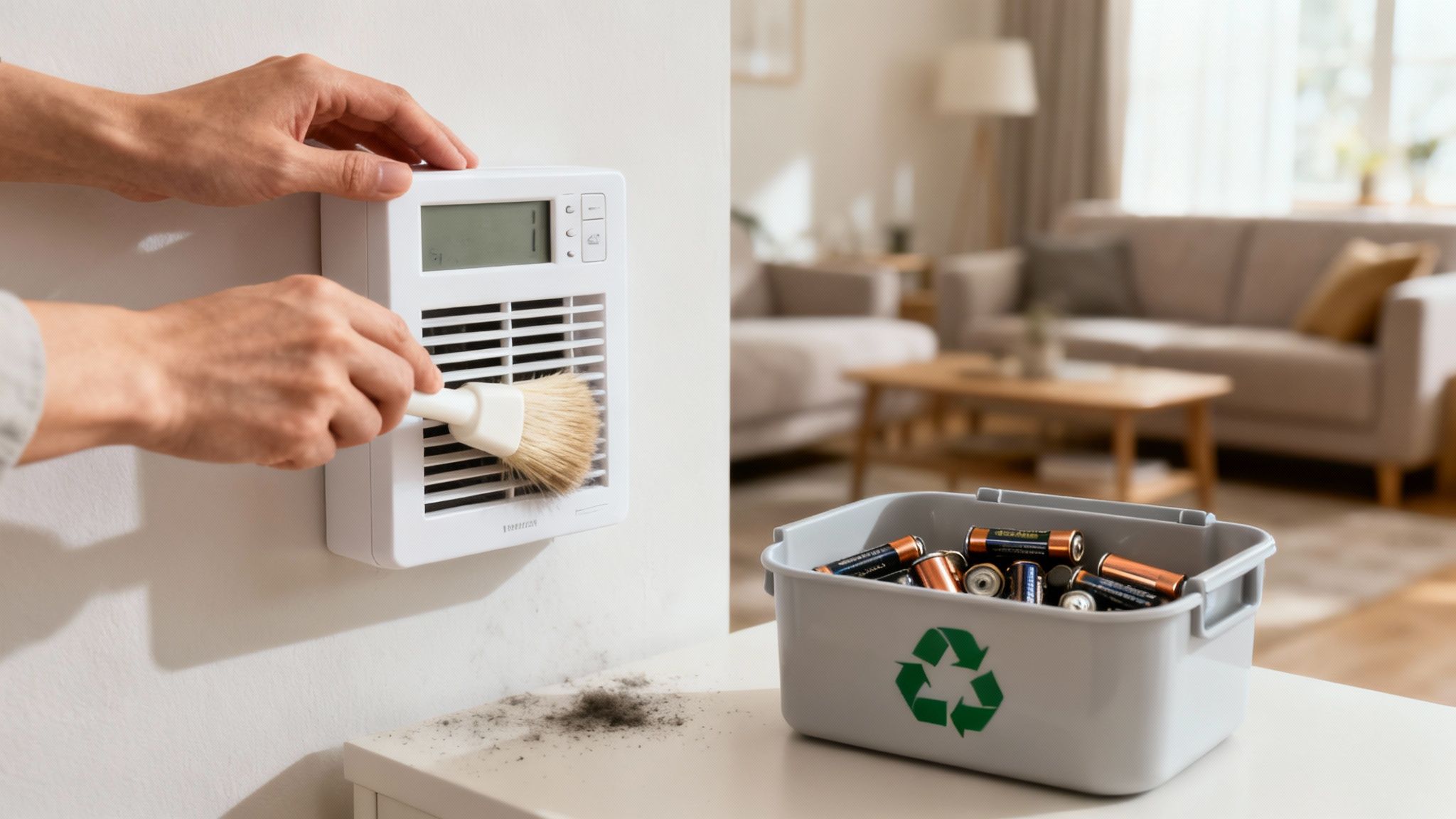 Egy személy fehér Computherm termosztátot tisztít kefével, miközben használt elemek gyűlnek egy újrahasznosító dobozban.