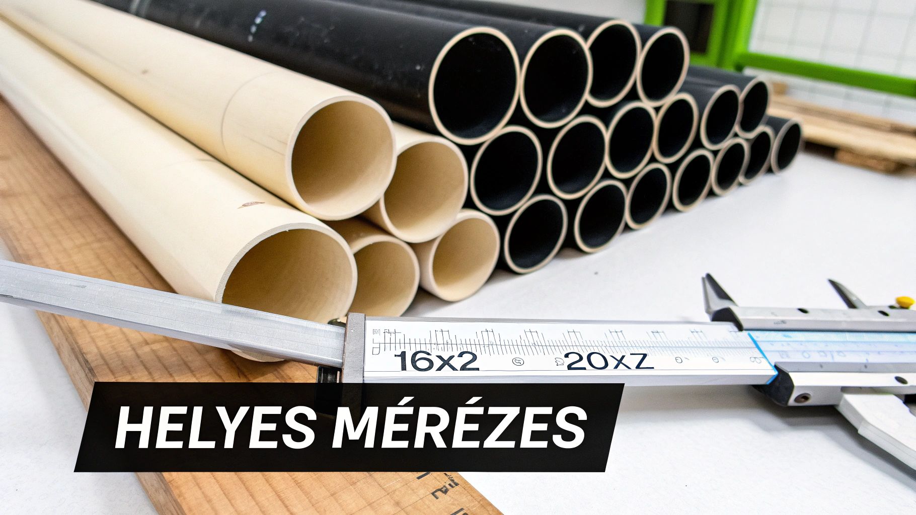 Különböző méretű PVC csövek beige és fekete színben, mérőeszközzel, helyes méréses felirattal