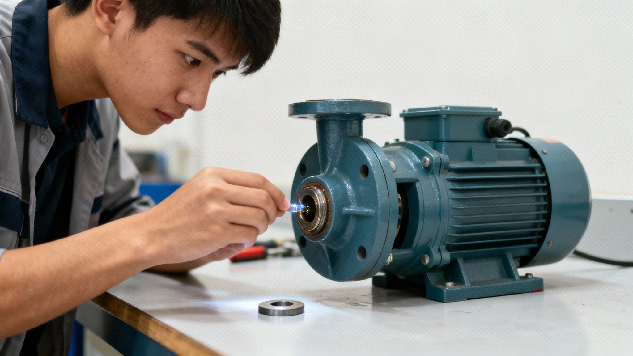 Fiatal mérnök gondosan vizsgál egy keringető szivattyút műhelyben, apró szerszámmal, fókuszálva a részletekre.