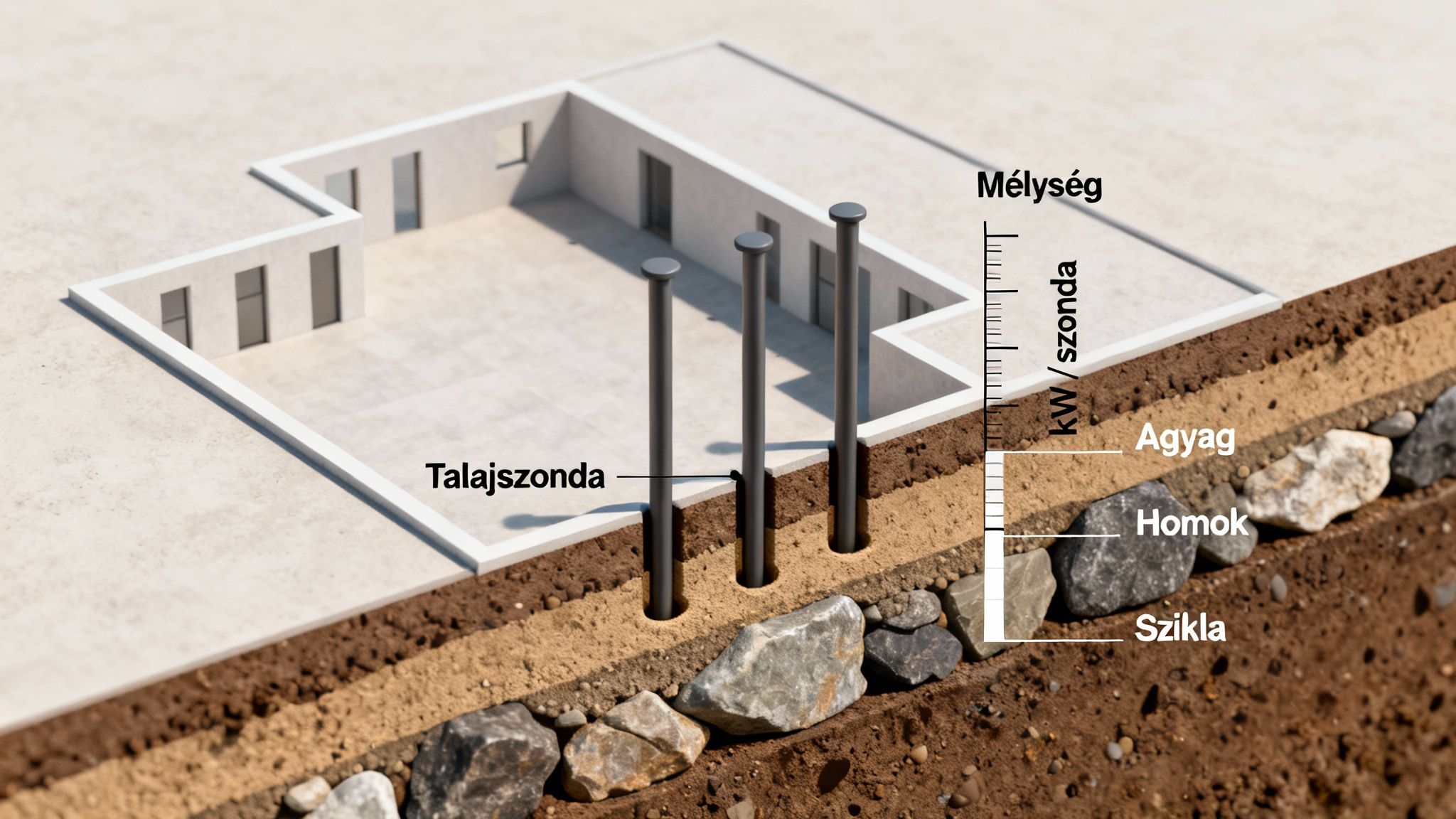 Földmetszet épületalapozással, geotermikus szondákkal és talajrétegekkel (agyag, homok, szikla) mélységskálával.