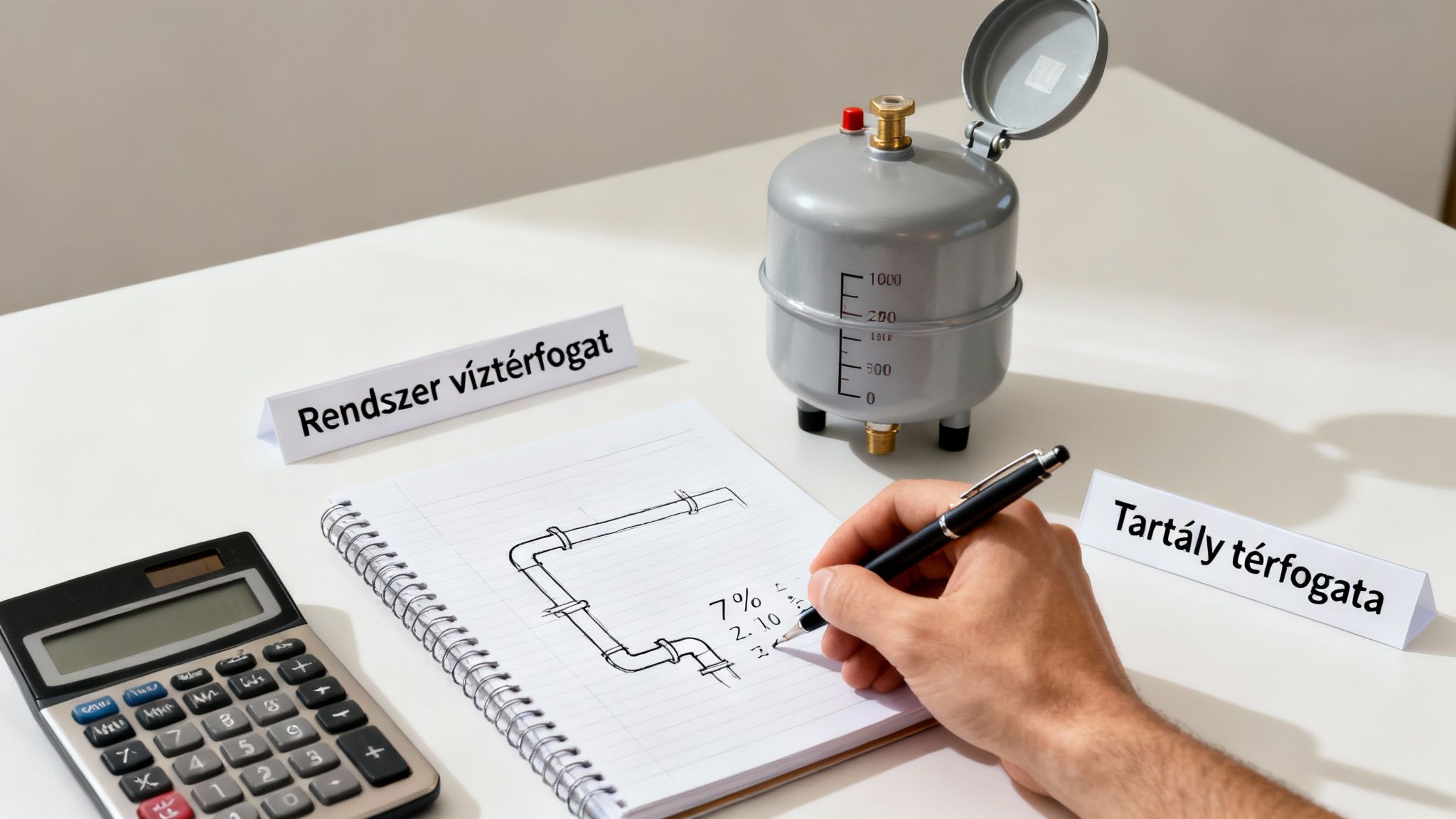 Asztalon lévő tárgyak: számológép, jegyzetfüzet csőrajzzal, kéz tollal és egy kis szürke tartály mérőskálával. Két felirat látható: Rendszer víztérfogat és Tartály térfogata.