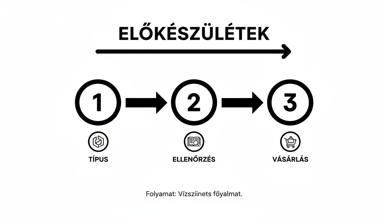 A diagram az előkészületek három lépését mutatja: típus kiválasztása, ellenőrzés és vásárlás, vízszintes főfolyamatként ábrázolva.
