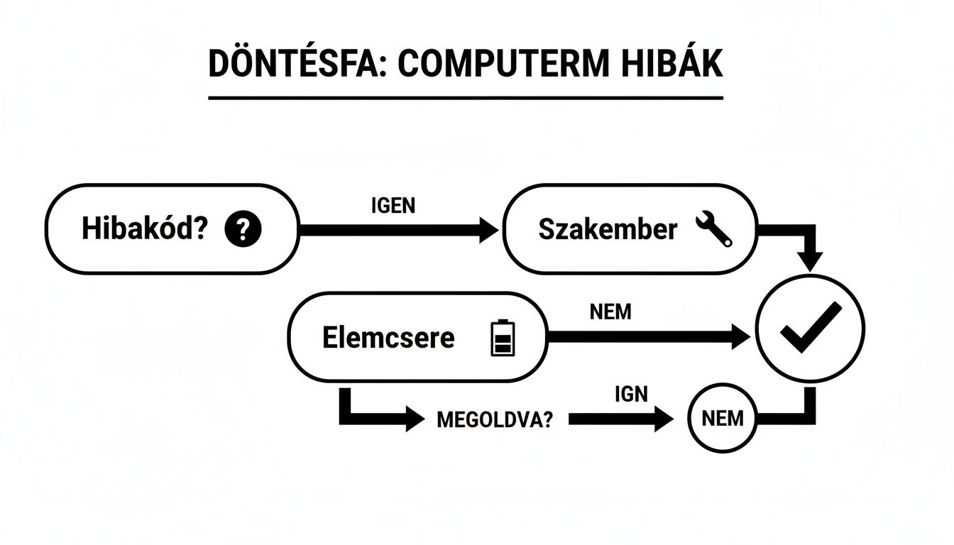 Döntésfa a Computherm hibák elhárításához, hibakód, szakember és elemcsere lépésekkel.
