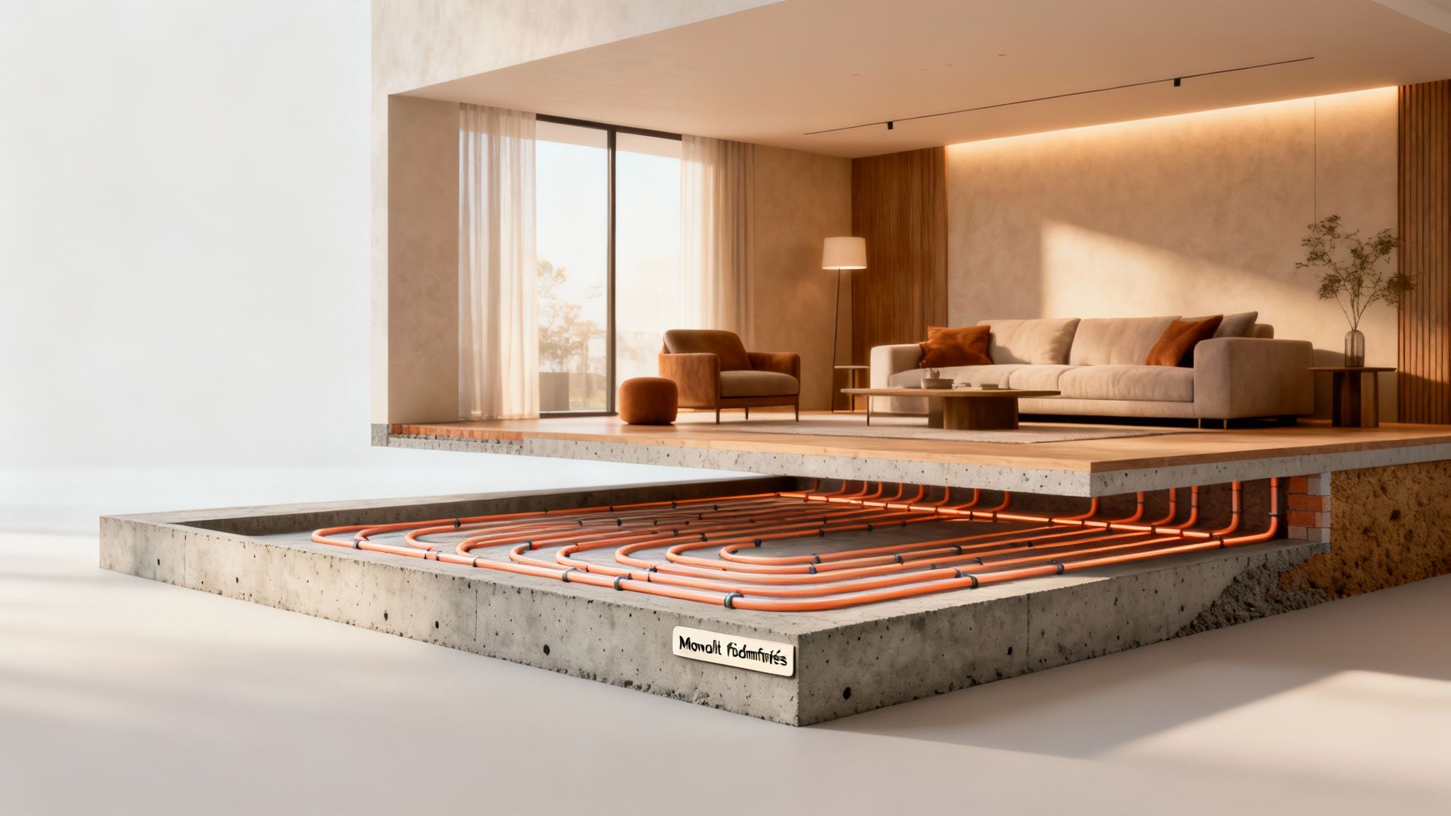 Modern nappali metszet, ahol látható a betonfödémbe épített monolit padlófűtés rendszer.