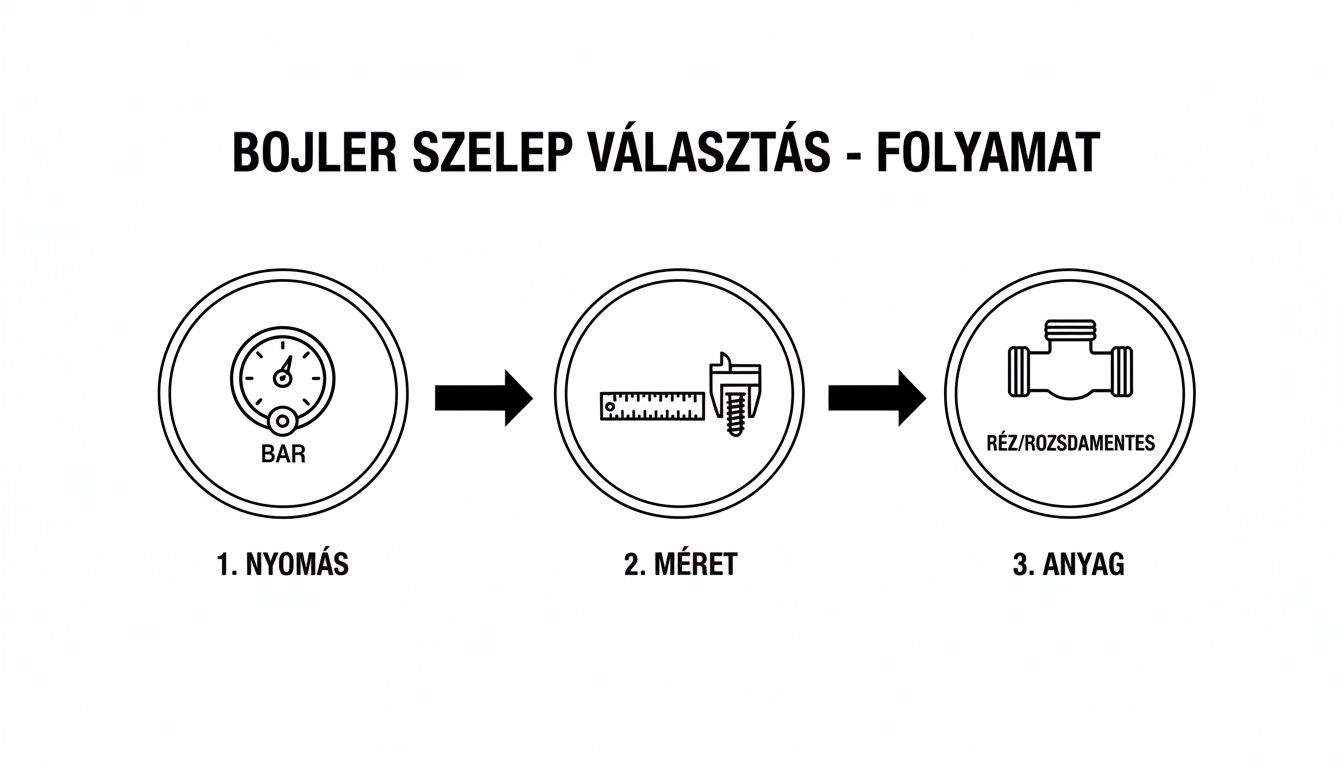 A bojler szelep kiválasztásának lépéseit bemutató ábra: nyomás, méret, anyag.