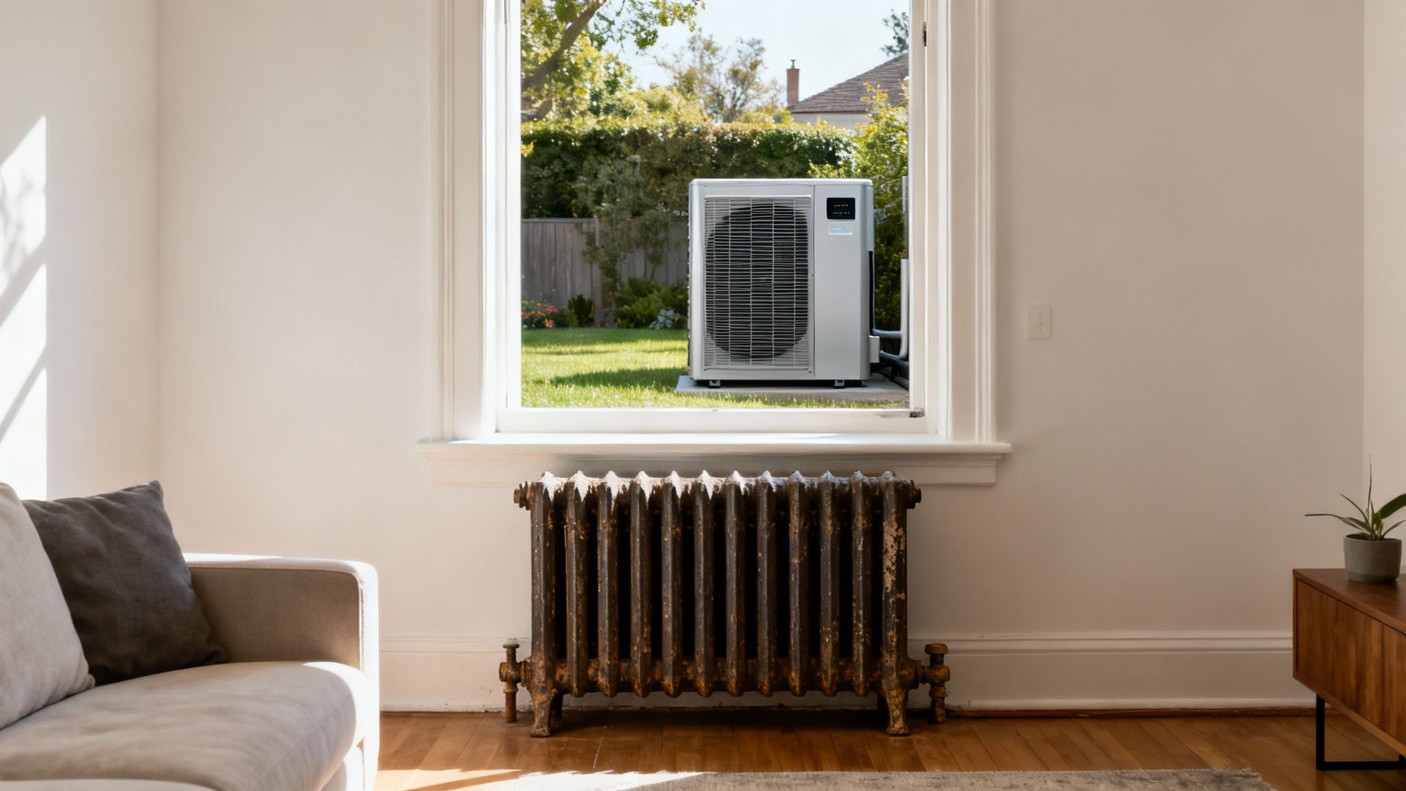 Szoba ablaka egy udvarra néz, ahol modern hőszivattyú van, bent pedig egy régi öntöttvas radiátor.