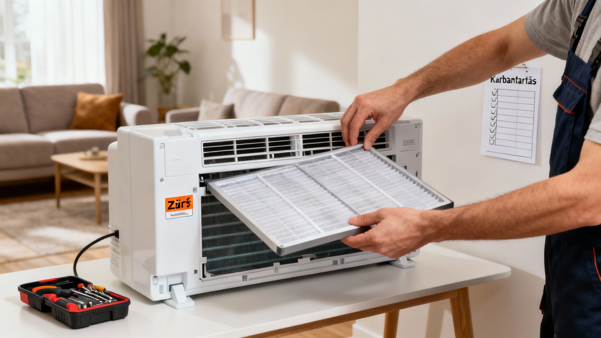 Kéz eltávolítja a poros légszűrőt egy légkondicionáló beltéri egységéből, karbantartás céljából otthon.