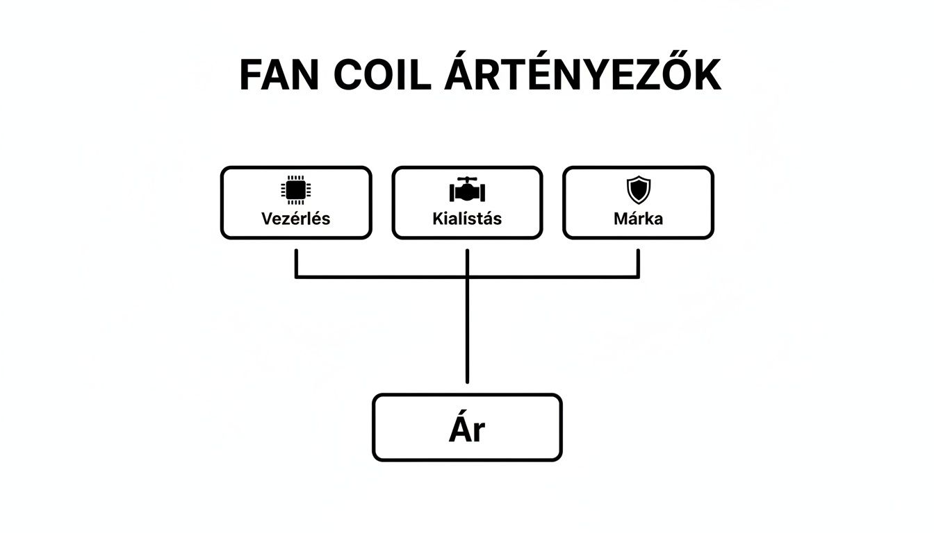 Infografika a fan coil árát befolyásoló tényezőkről: vezérlés, kialakítás és márka hatása.