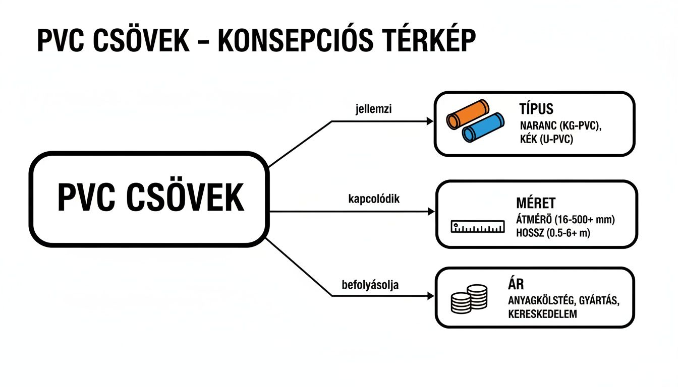 Konceptuális térkép a PVC csövekről, bemutatva típusukat, méreteiket és az árukat befolyásoló tényezőket.
