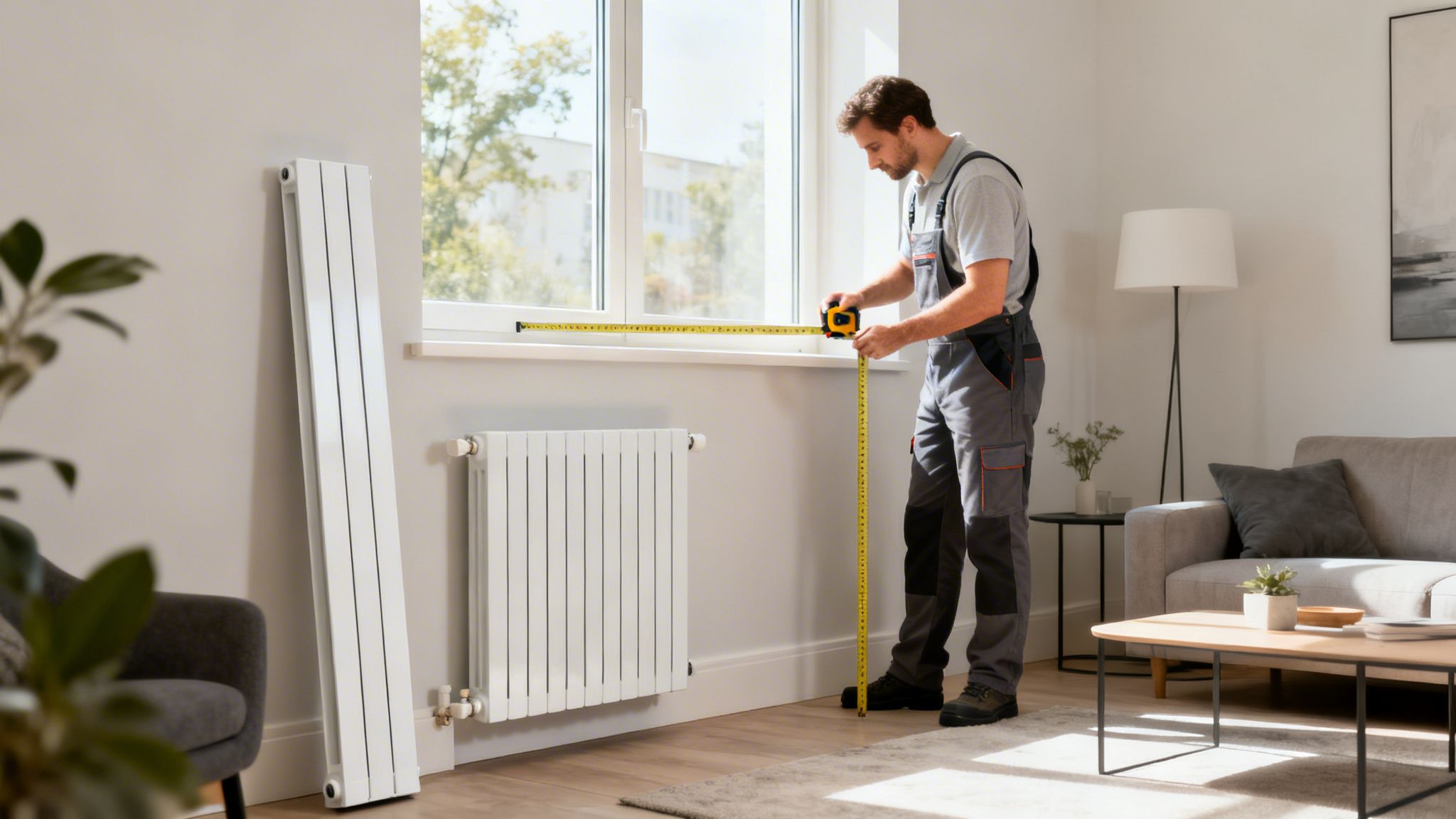 Munkás mérőszalaggal mér egy ablakpárkányt, új és régi radiátorokkal egy világos nappaliban.