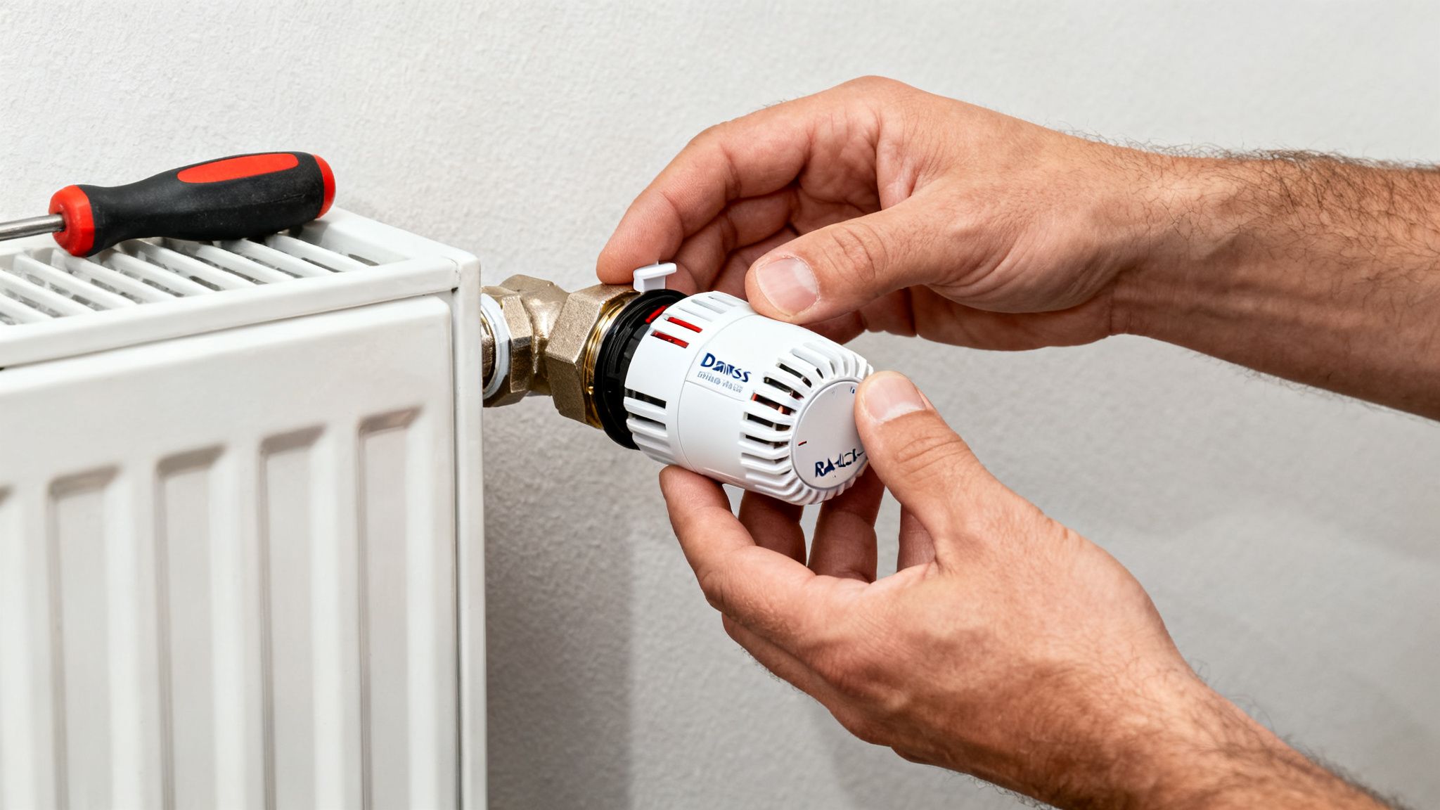 Férfi kezek szerelik fel a Danfoss termosztatikus radiátorszelepet egy fehér fűtőtestre.