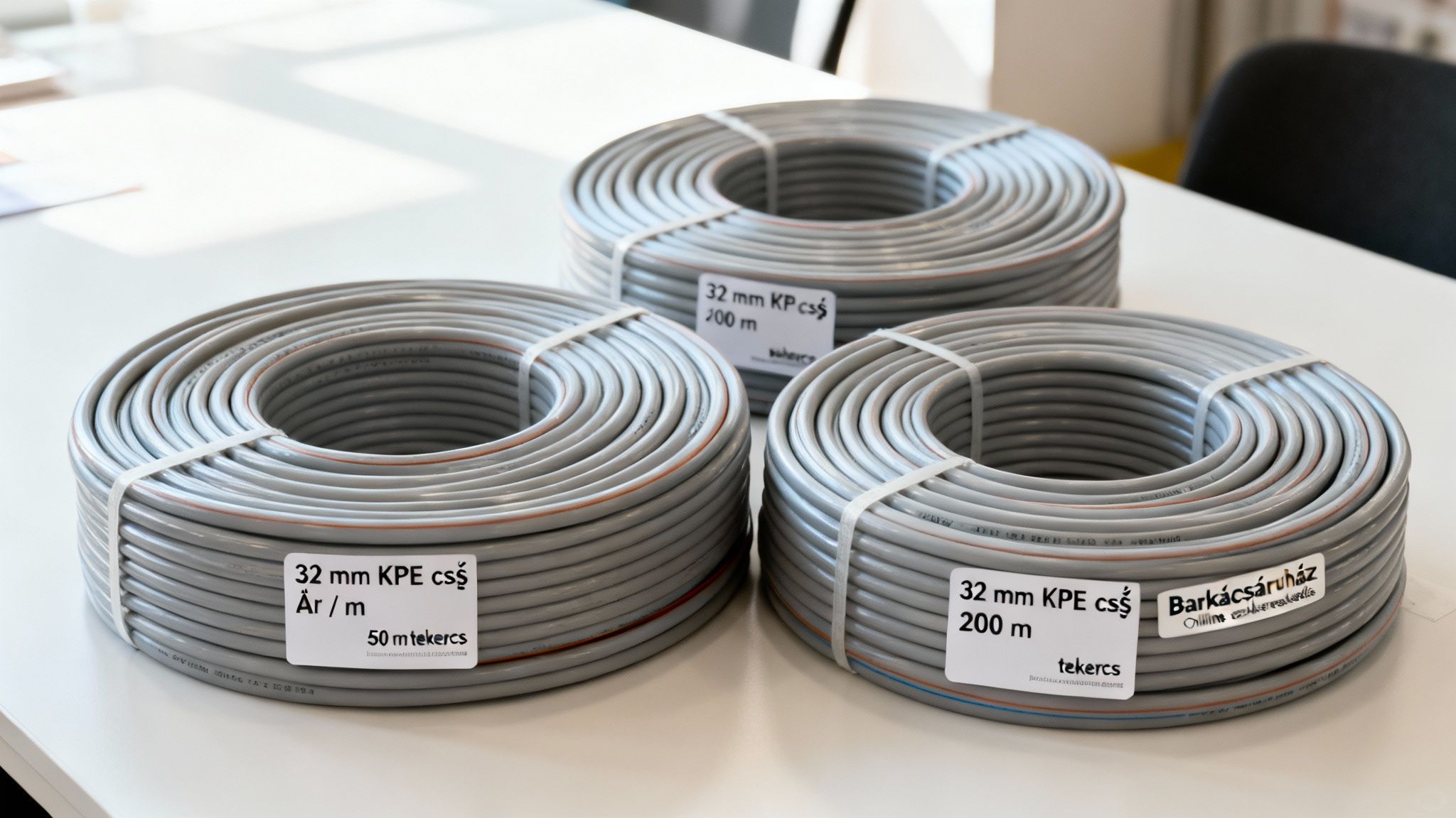 Három tekercs szürke, 32 mm-es KPE cső látható egy fehér asztalon, címkékkel.