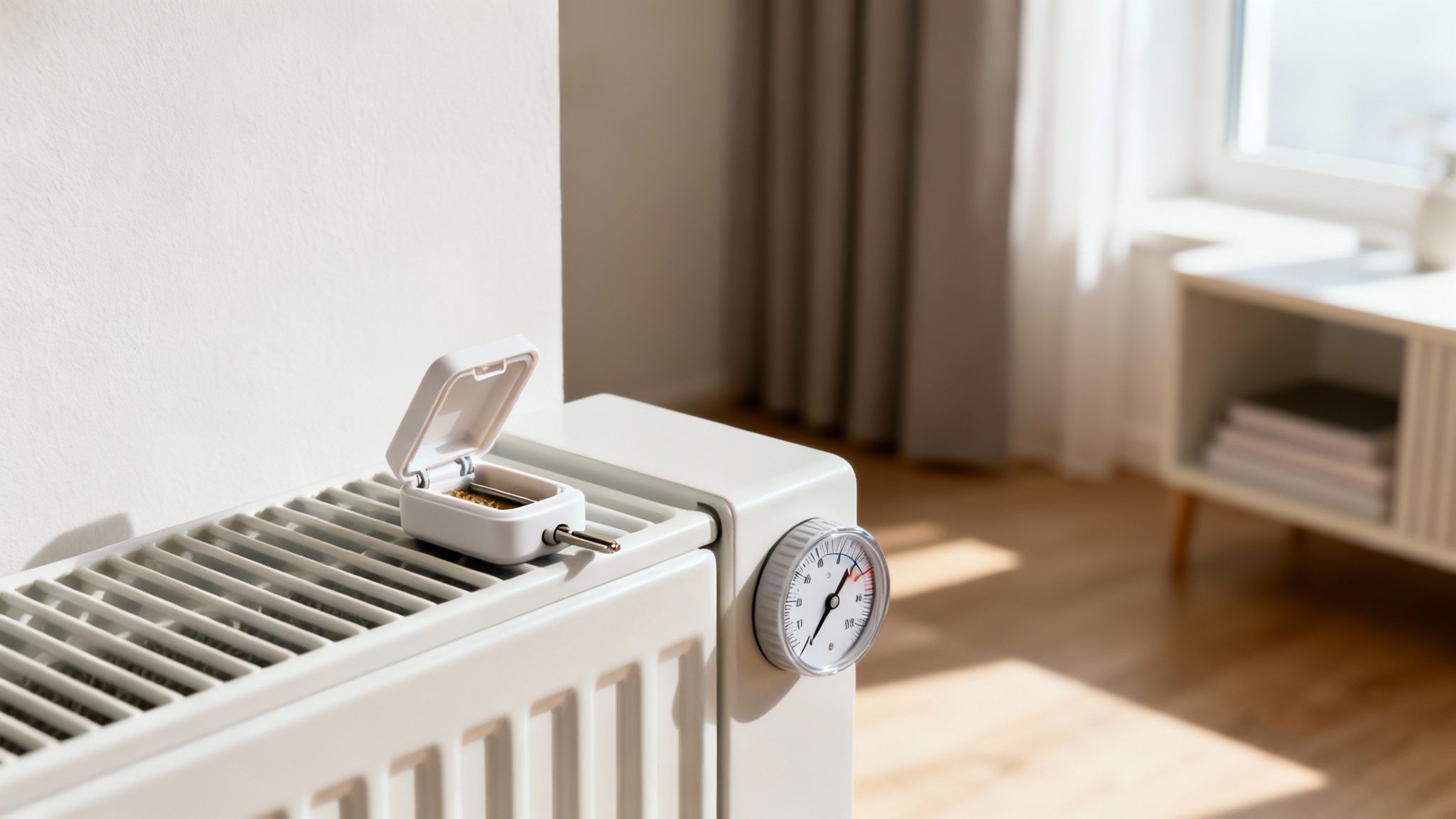 Fehér radiátor hőmérővel és nyitott párásítóval, egy napsütötte szobában.