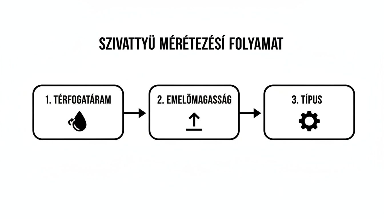 A szivattyú méretezési folyamatát bemutató diagram, mely a térfogatáram, emelőmagasság és típus lépéseit tartalmazza.