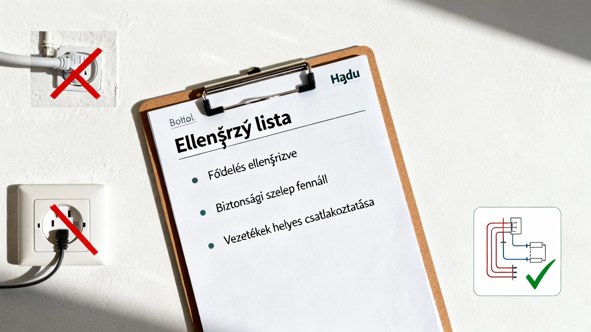 Ellenőrző lista Hajdu bojler bekötéséhez, ahol a helyes földelés és a biztonsági szelep ellenőrzése látható.