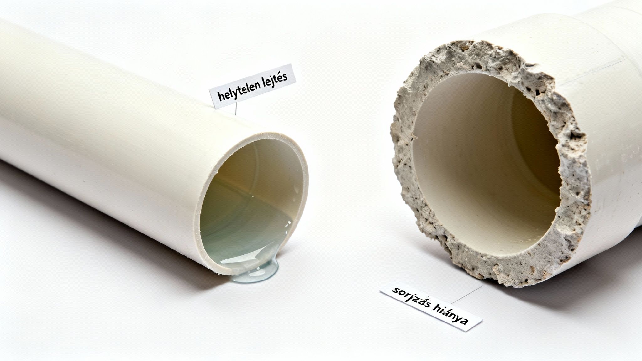 Két PVC csődarab hibái láthatók: az egyikből víz folyik a helytelen lejtés miatt, a másik sorjázatlan.
