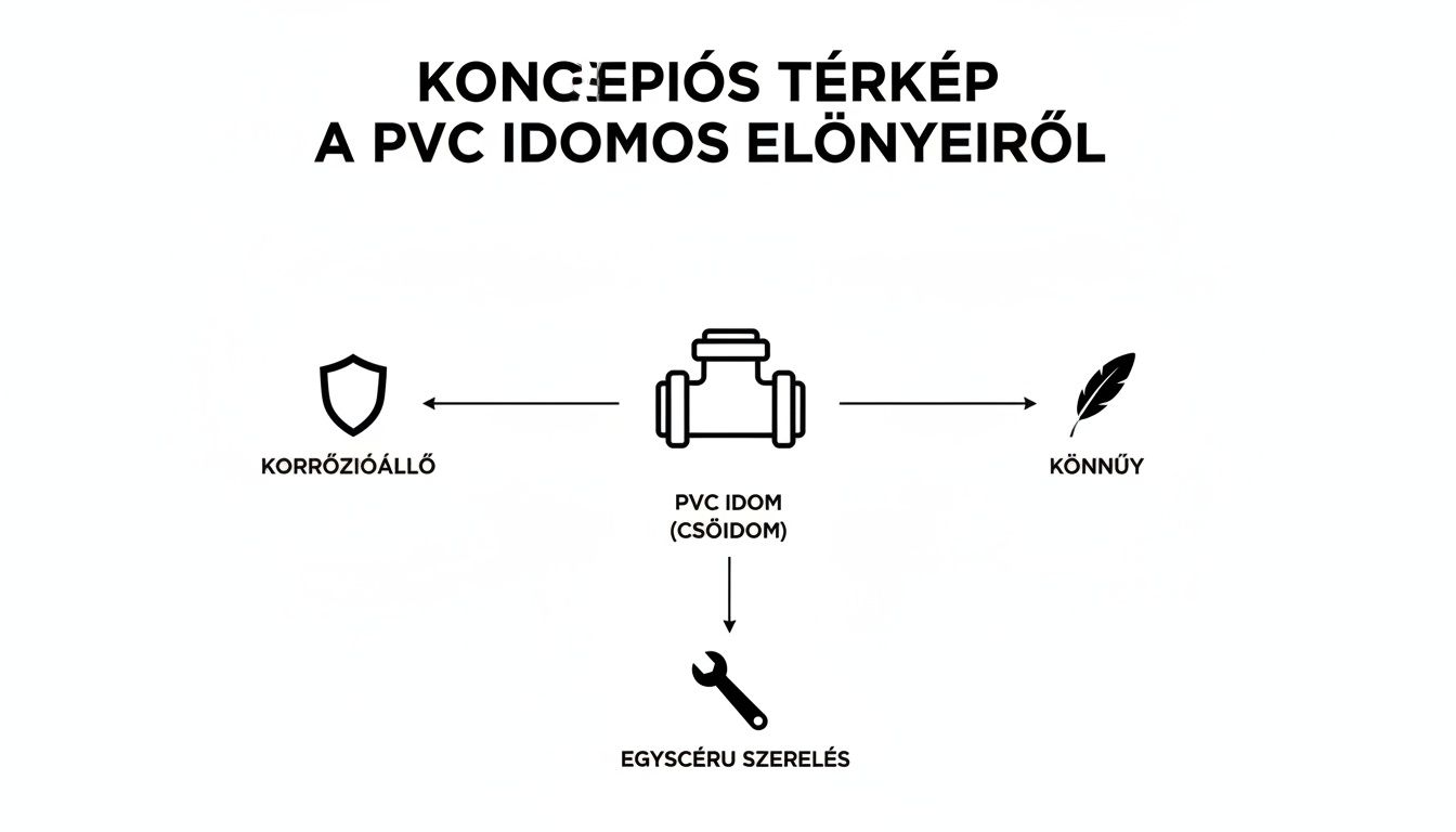 A PVC idom (csőidom) előnyeit bemutató koncepciós térkép: korrózióálló, könnyű és egyszerű szerelést biztosít.