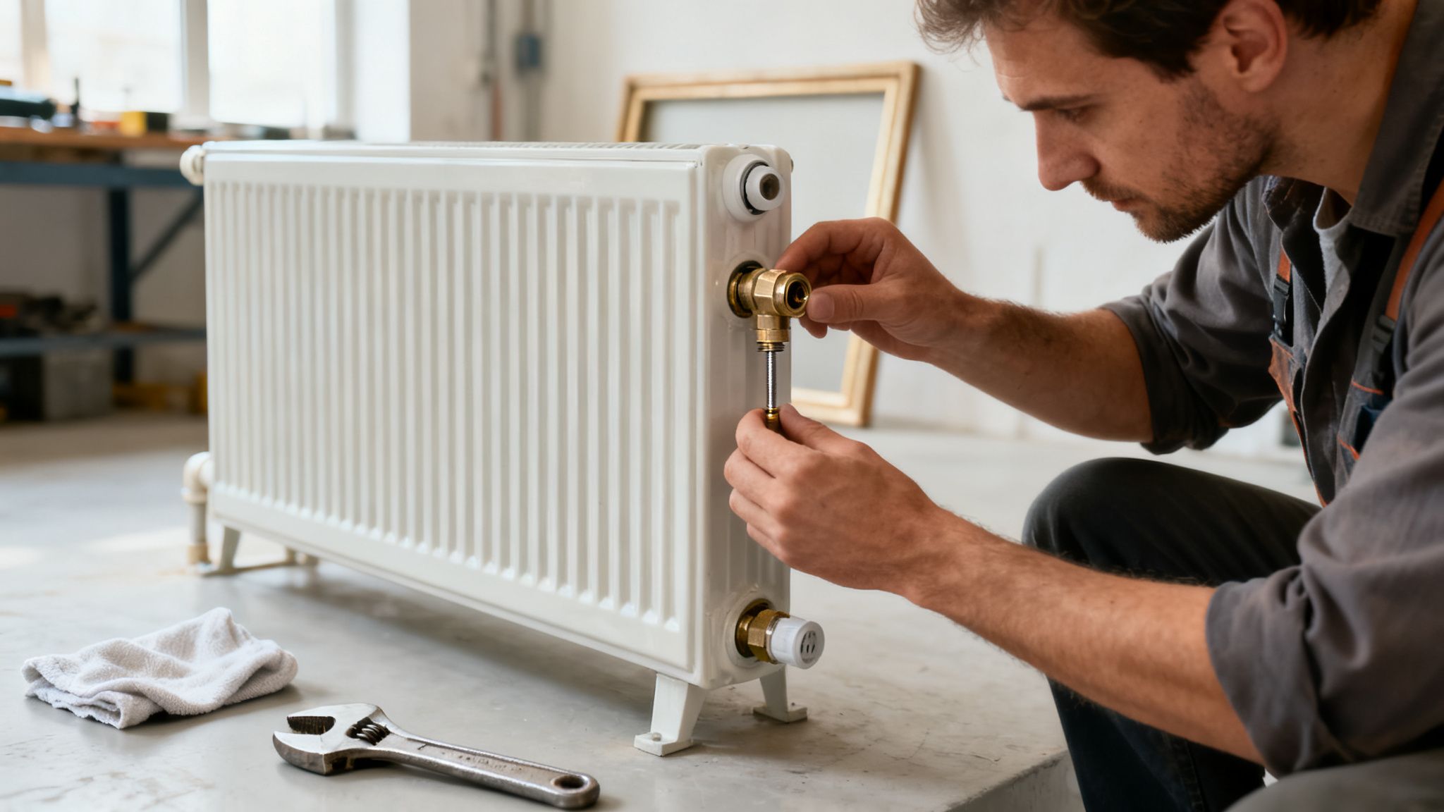 Férfi szerel Danfoss radiátor szelepet egy fehér radiátorra műhelyben.