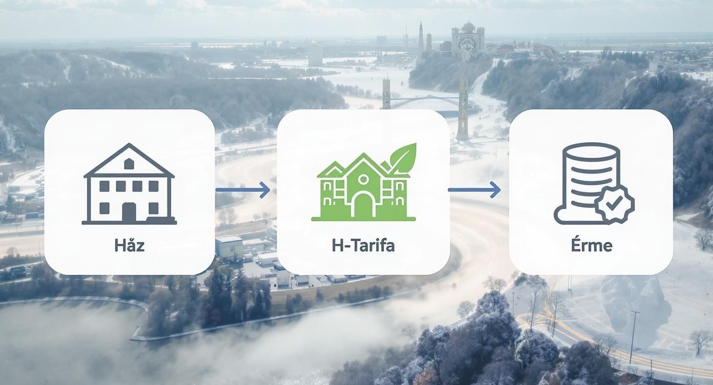 Ház, H-tarifa és pénzügyi előnyök folyamatábrája téli, havas környezetben. A megújuló energia előnyei.