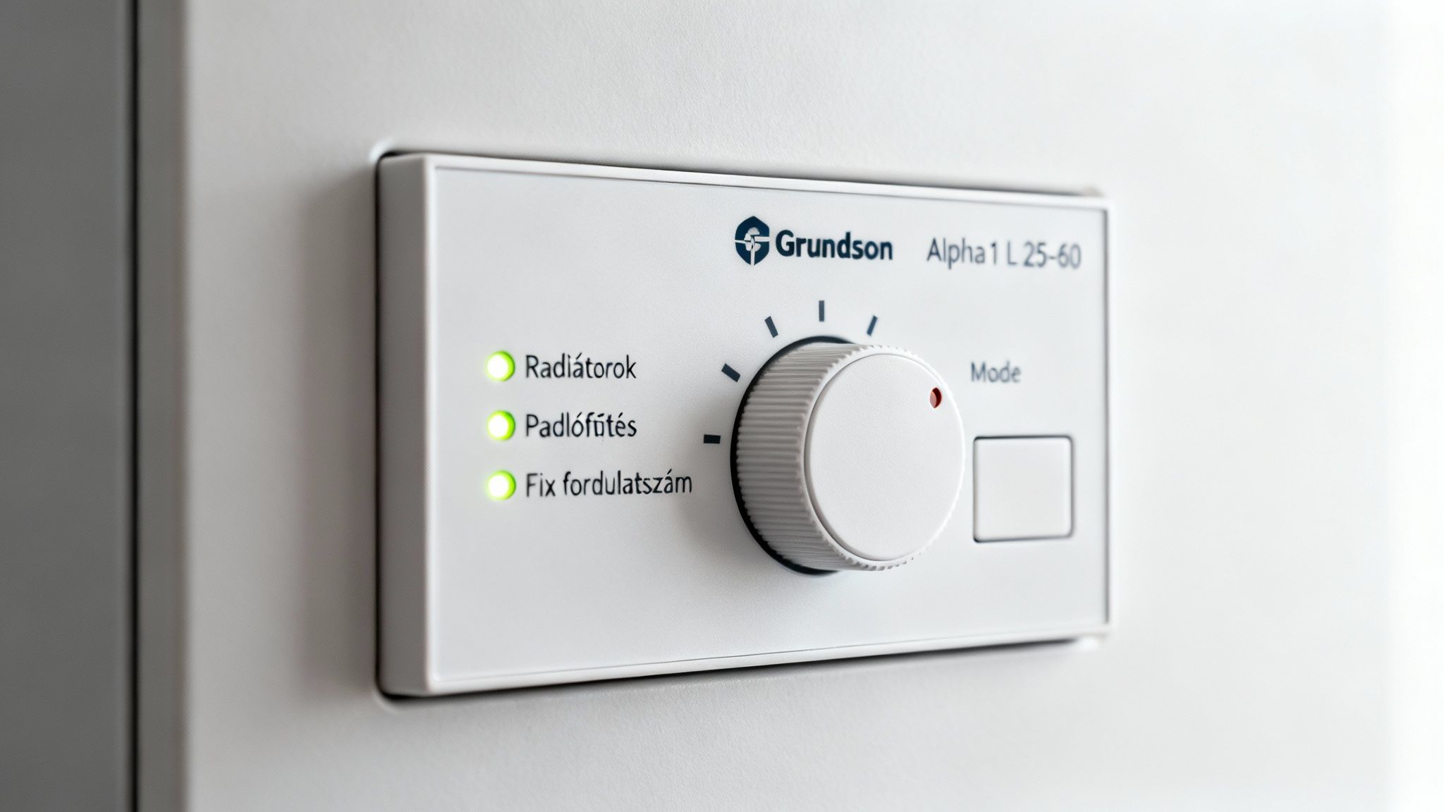 Fehér fűtésvezérlő panel Grundson Alpha 1 L 25-60 felirattal, zöld LED-ekkel és forgatógombbal.