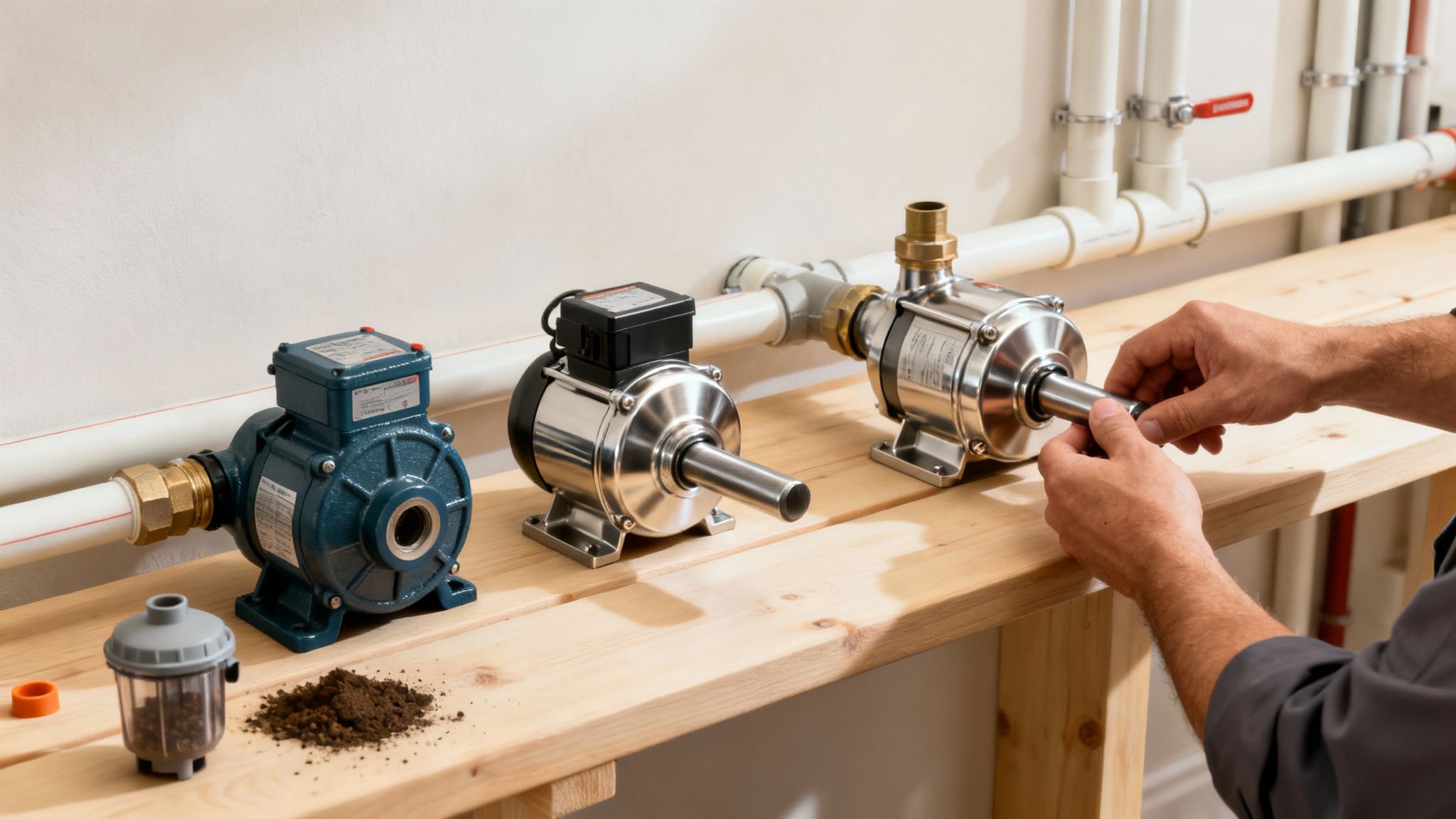 Különböző keringető szivattyúk fa asztalon, háttérben vízvezetékek. Egy szakember éppen az egyik szivattyút szereli.