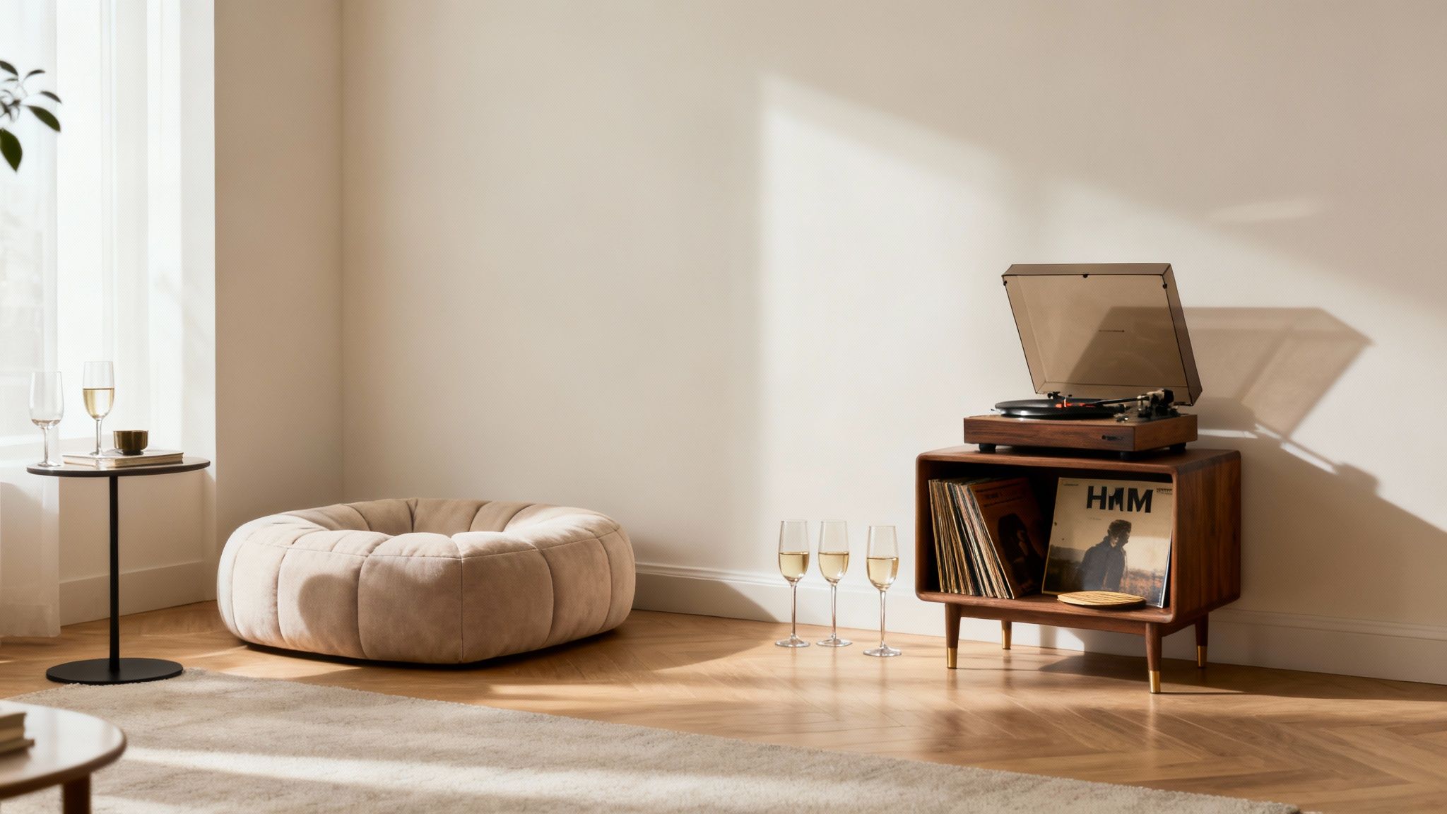 Stílusos, minimalista nappali természetes fénnyel. Lemezjátszó fadobozon, bézs puff és pezsgős poharak láthatók.
