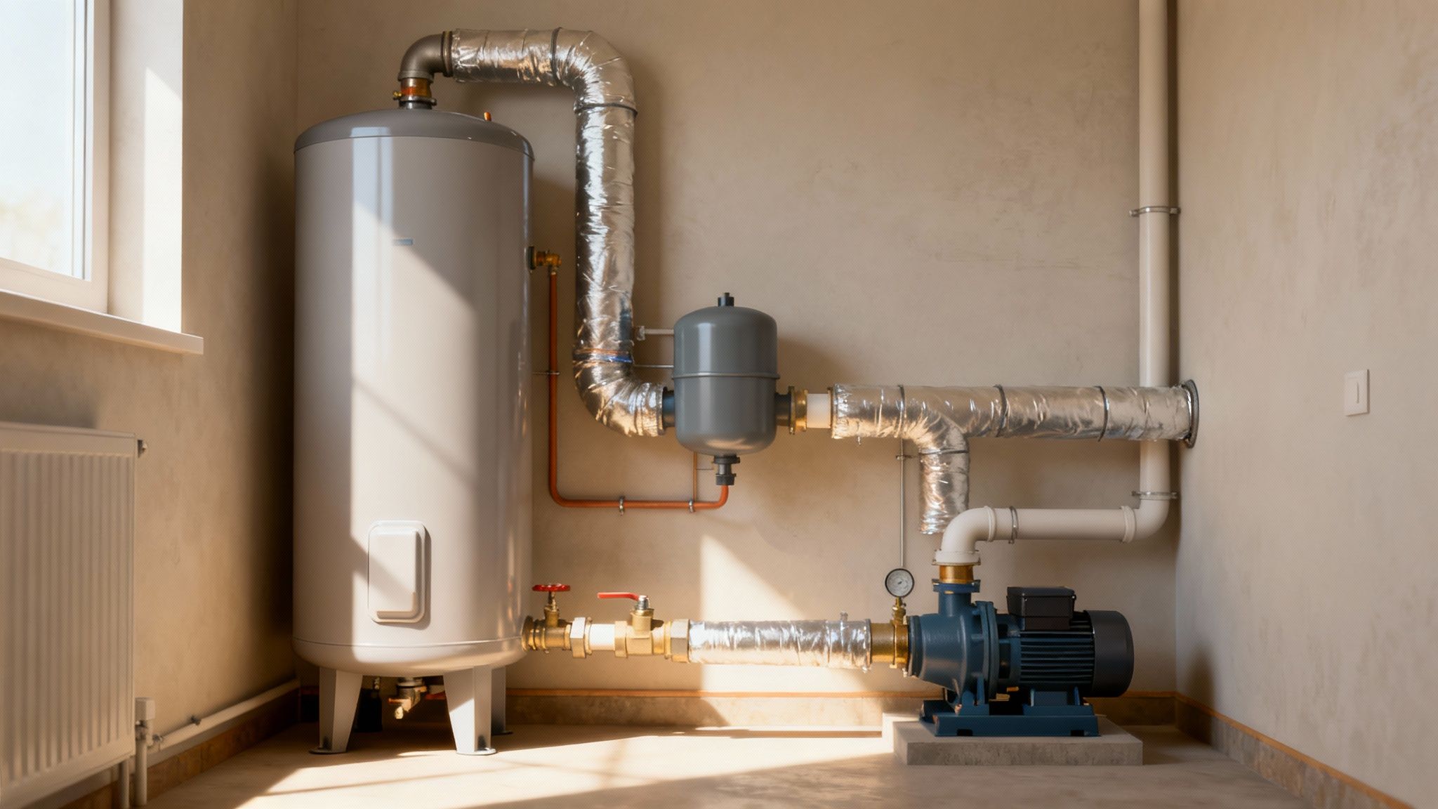 Egy háztartási fűtési és melegvíz-rendszer látható bojlerrel, szivattyúkkal és csővezetékekkel, egy ablak mellett.