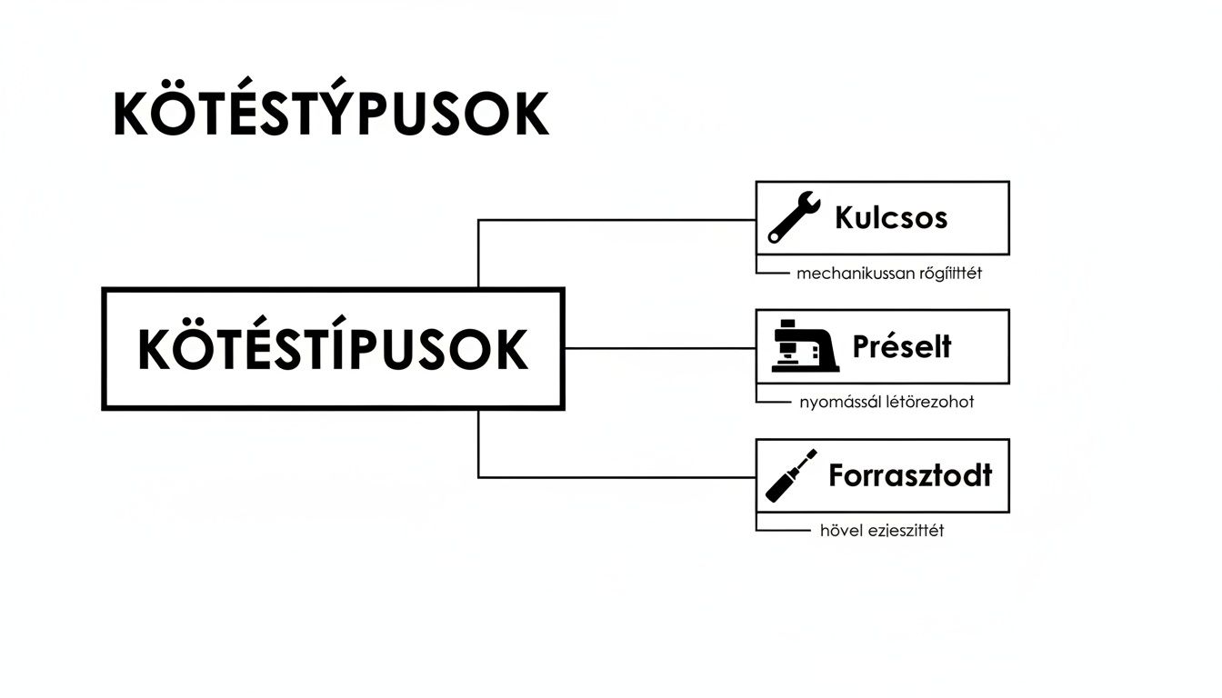 Diagram a kötéstípusokról, bemutatva a kulcsos, préselt és forrasztott rögzítési módokat ikonokkal és rövid leírásokkal.