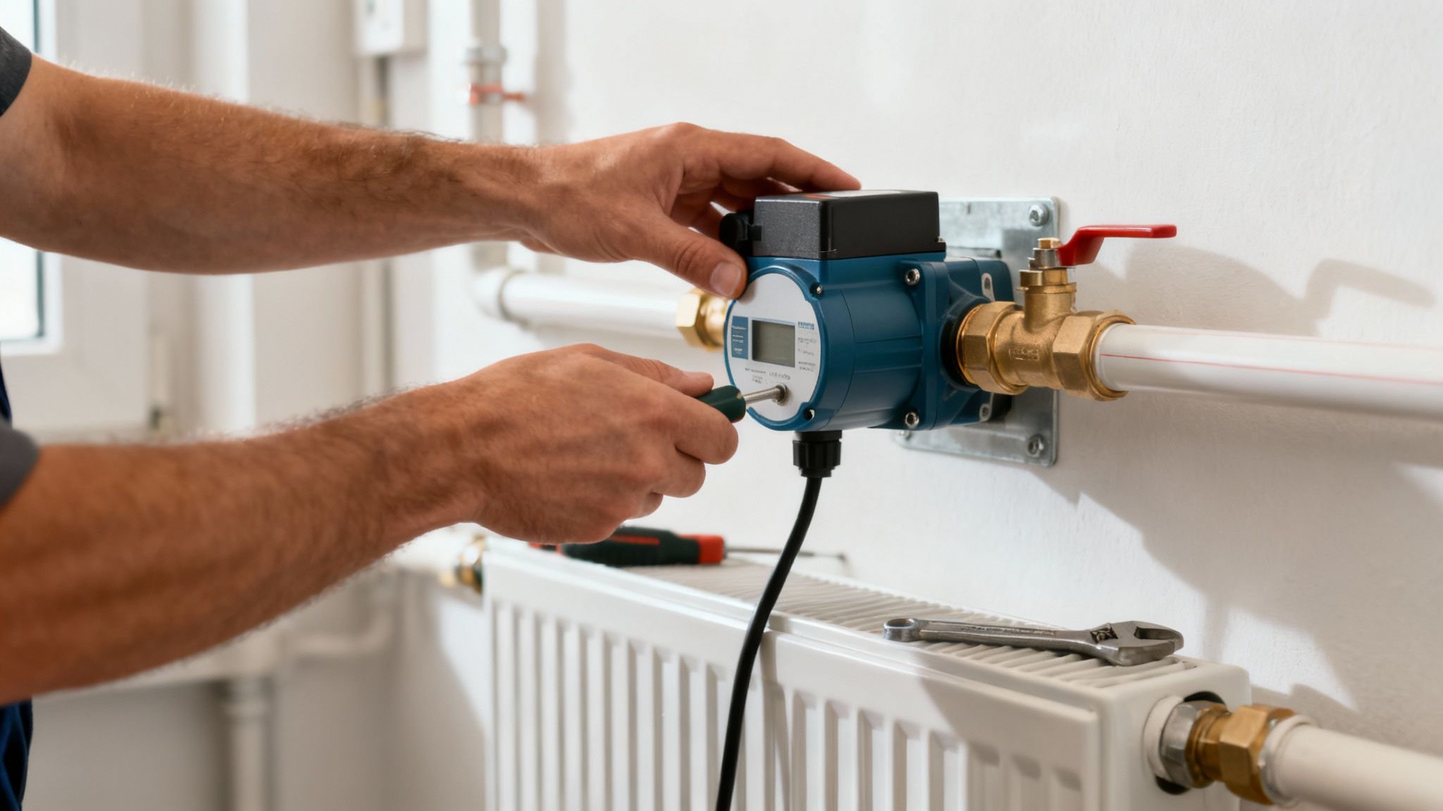 Szakember fűtési keringető szivattyút szerel. Kezek kék készüléken dolgoznak, csövek és radiátor láthatók.