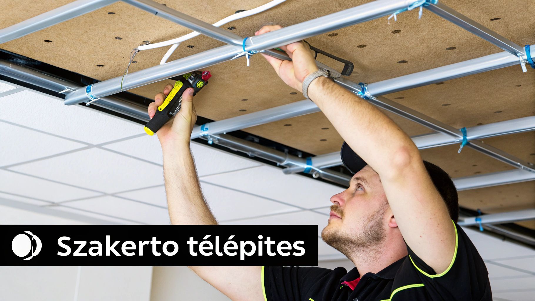 Szakember mennyezetfűtés csöveket szerel