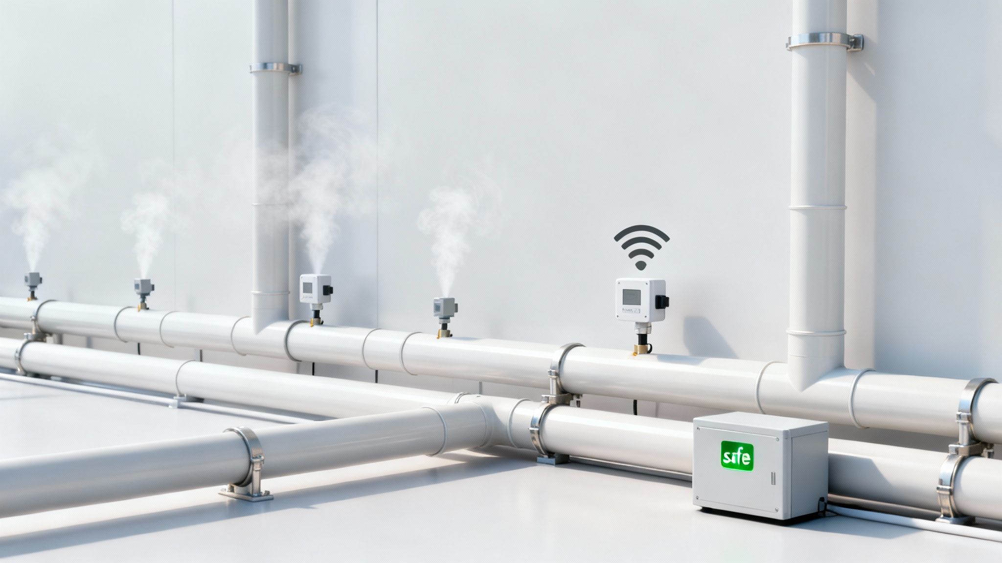 Fehér ipari csövek gőzszivárgásokkal és vezeték nélküli érzékelőkkel, amelyek egy biztonsági rendszert alkotnak.