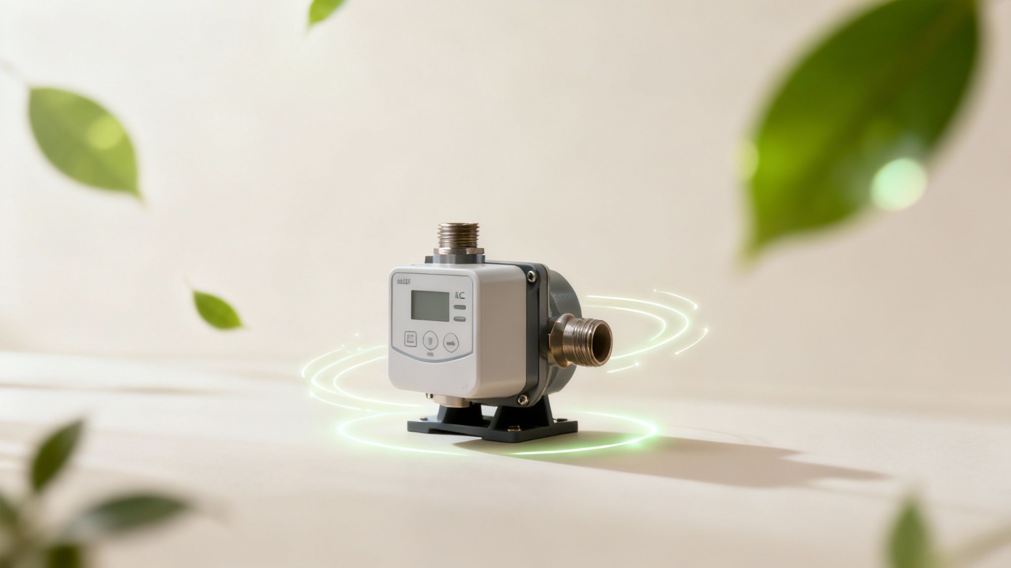 Egy modern fűtés keringető szivattyú látható, zöld energiát sugárzó fénygyűrűkkel és lebegő levelekkel.