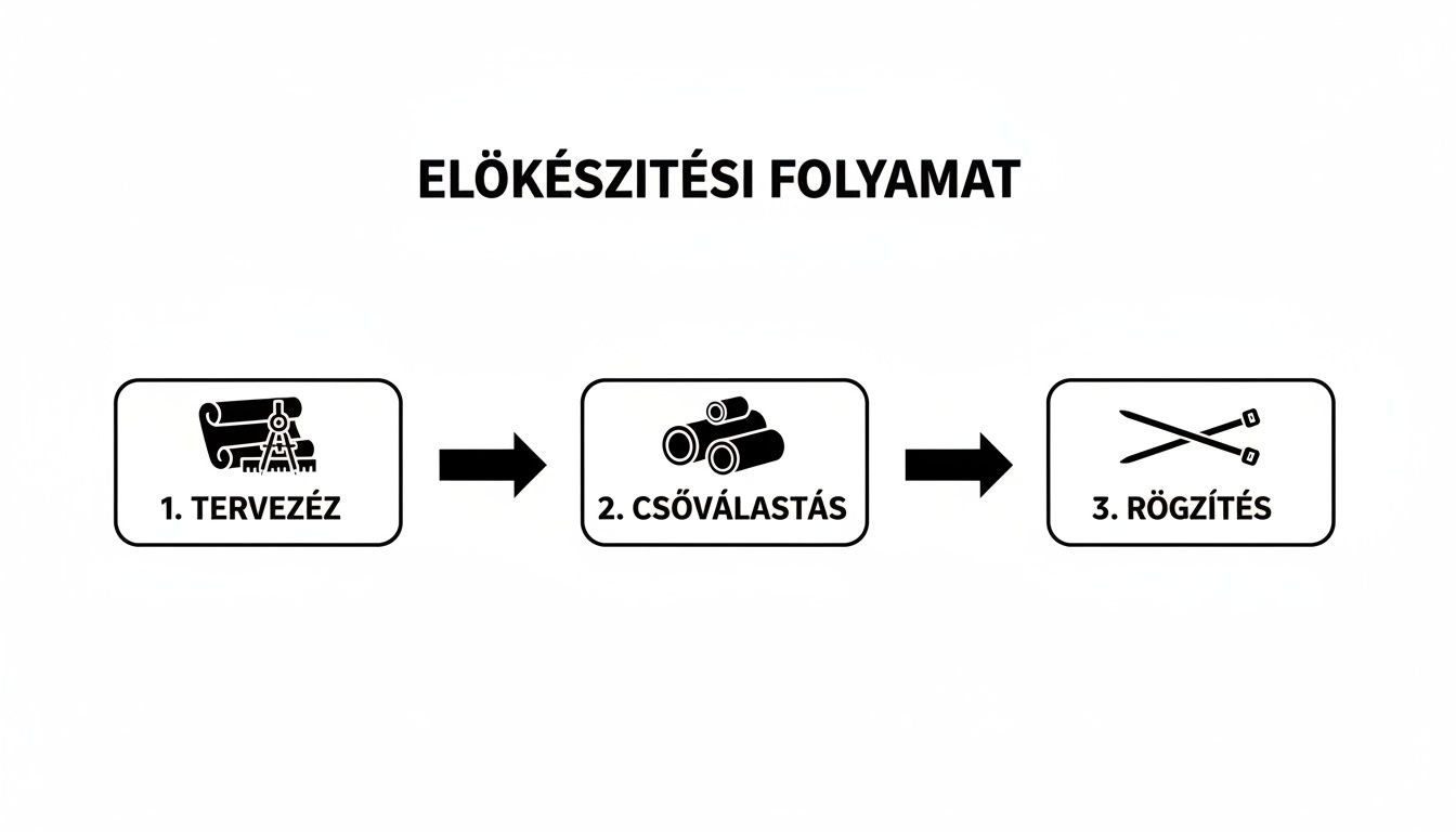 Ábra egy előkészítési folyamat három lépéséről: tervezés, csőválasztás és rögzítés, ikonokkal illusztrálva.