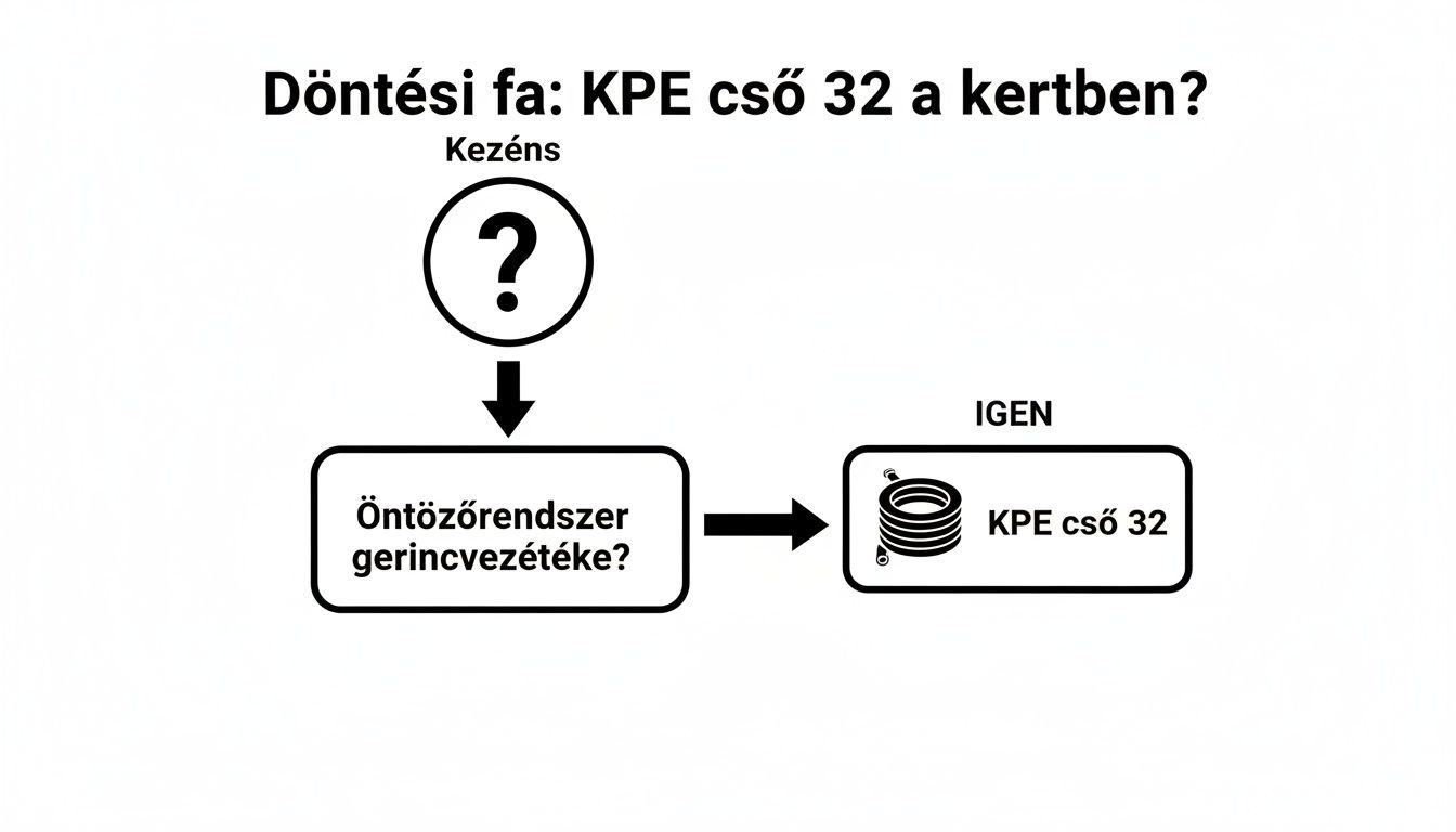Döntési fa ábra KPE cső 32 használatáról öntözőrendszer gerincvezetéként a kertben, kérdés-válasz formában.