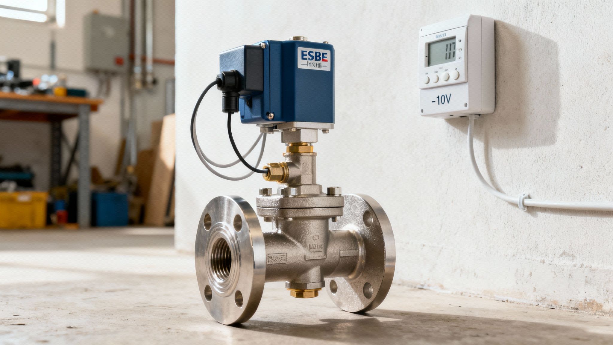 ESBE ipari keverőszelep nyomásszabályozóval és digitális kijelzővel telepített helyszínen