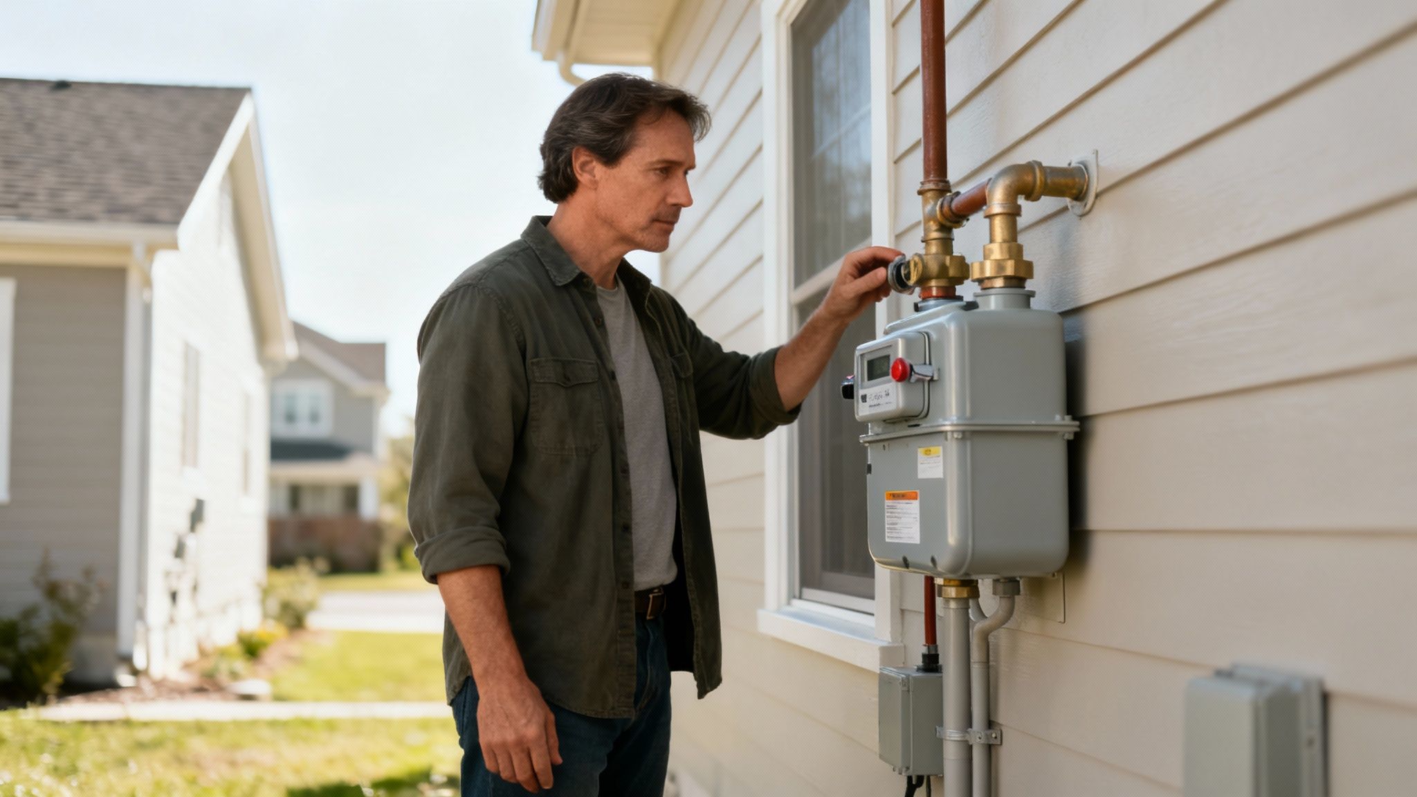 Egy férfi állítja a ház oldalán lévő szürke gáznyomás-szabályozót és mérőt, napos időben.