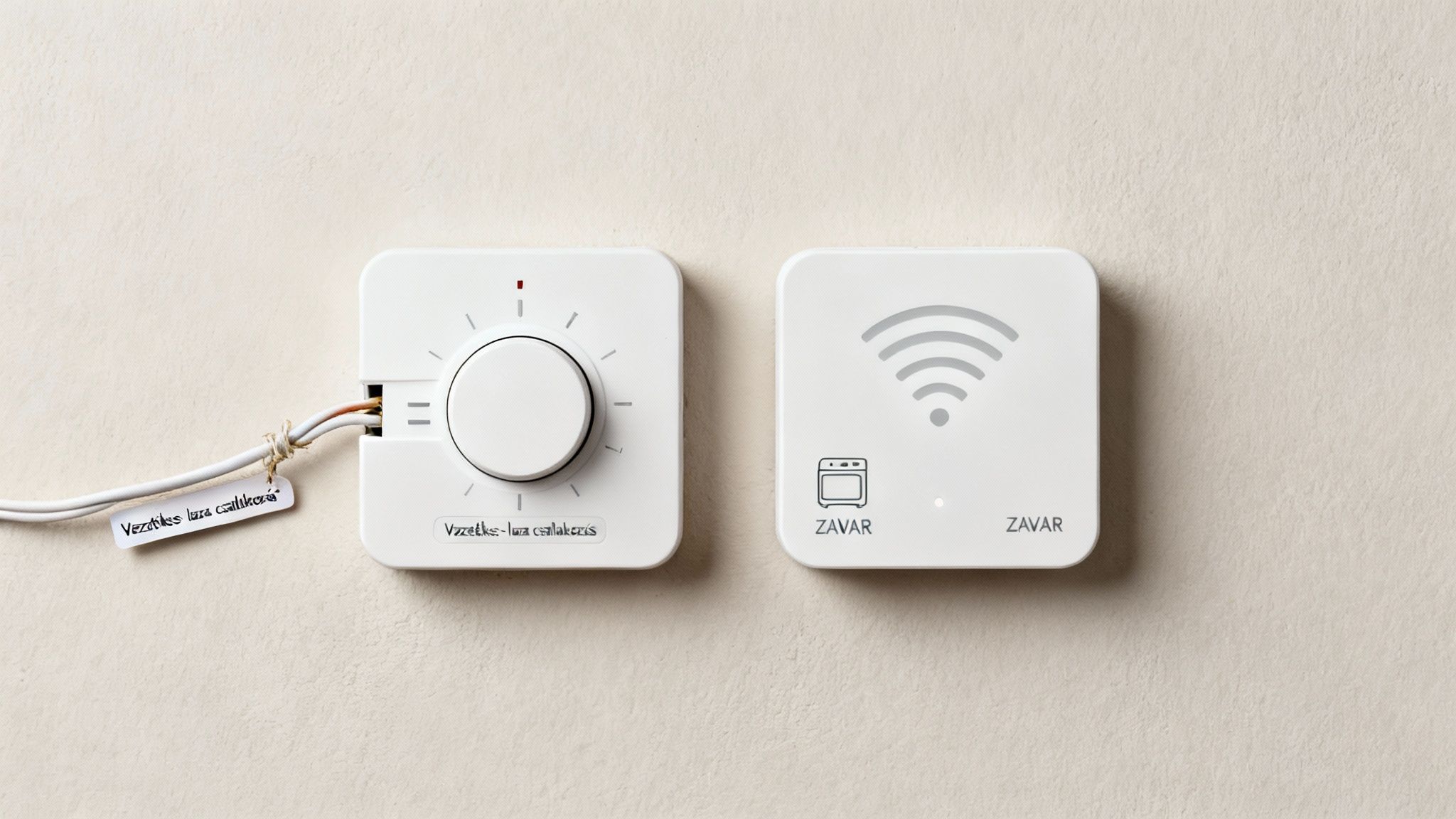 Két fehér, négyzet alakú eszköz világos falon, az egyik forgatógombbal és vezetékekkel, a másik Wi-Fi és sütő ikonokkal, csatlakozási problémát jelezve.