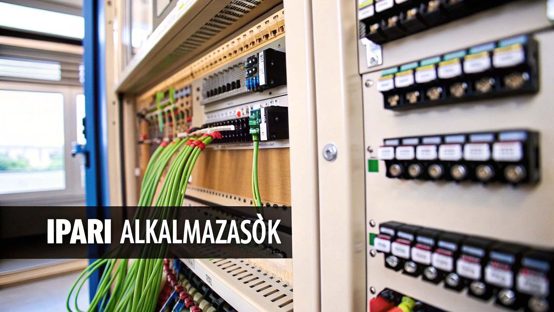 Ipari kapcsolószekrény rendezett kábelezéssel, ahol érvéghüvelyeket és gyorskötözőket használnak.