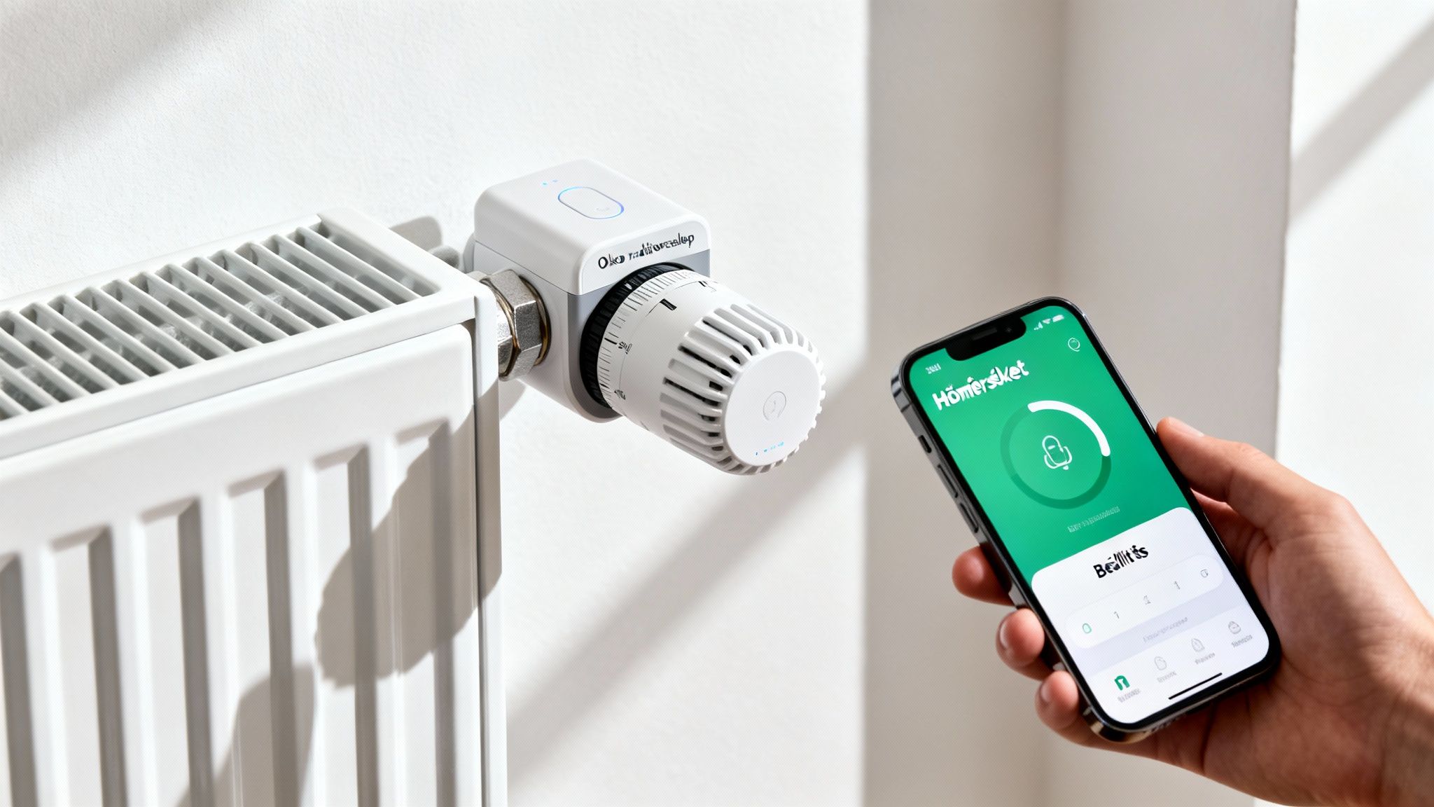Okos termosztát a radiátoron, és egy kéz, ami okostelefont tart, amin a hőmérséklet-szabályozó alkalmazás látható.