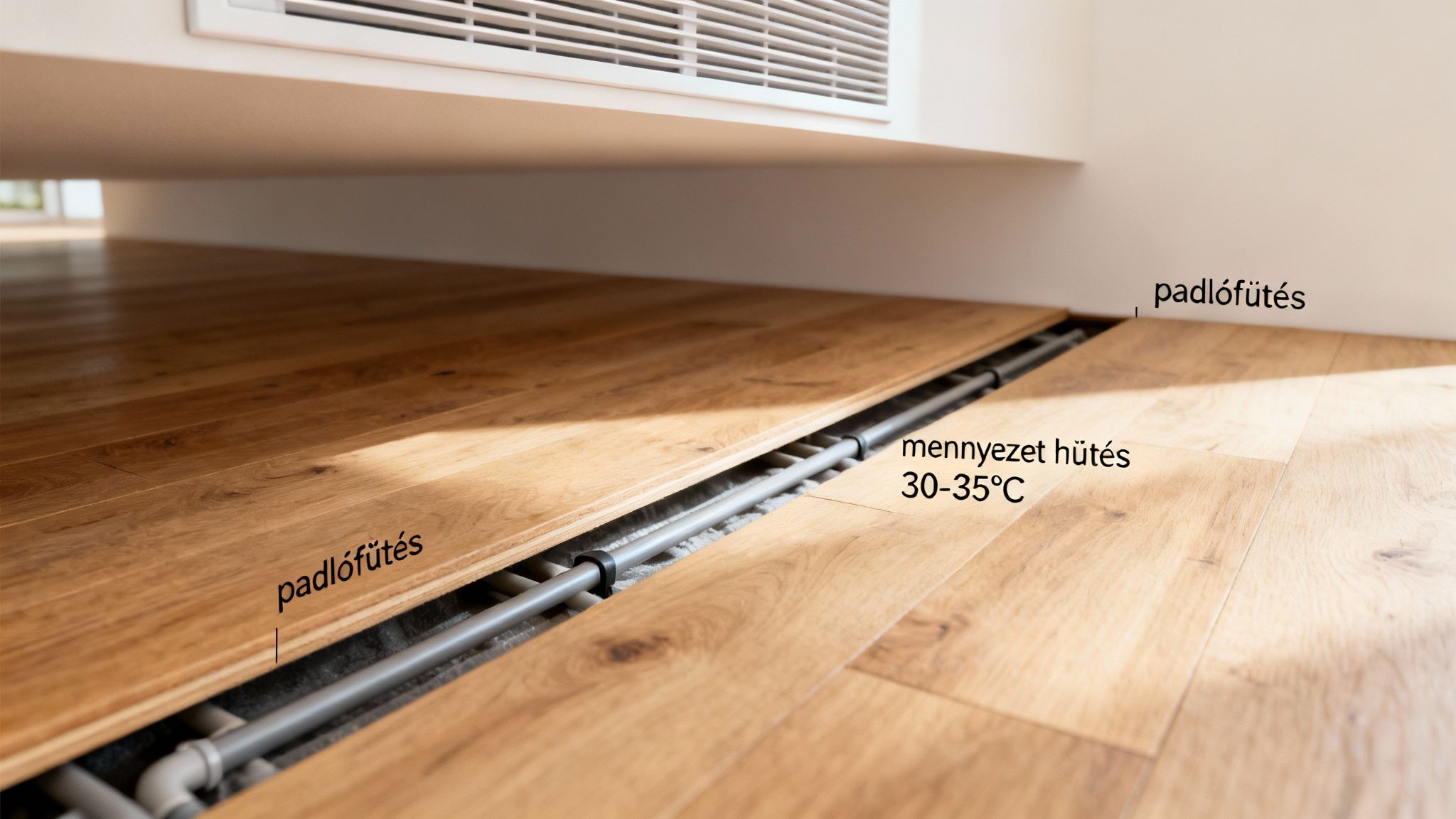 Padlófűtés és mennyezet hűtés rendszerének bemutatása csövekkel és hőmérsékleti adatokkal egy modern padló alatt.
