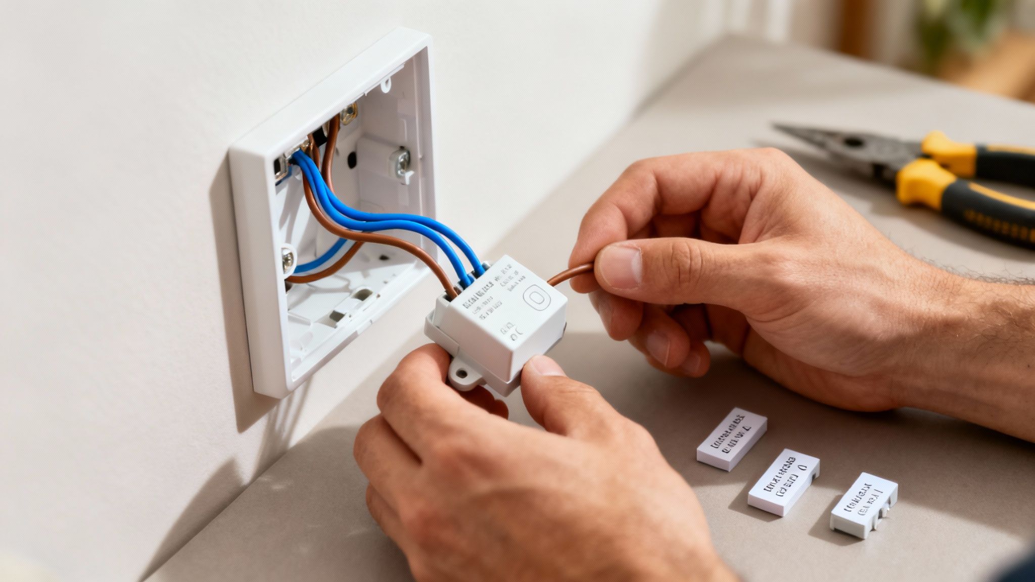 Egy férfi kezei okosotthon modult szerelnek be egy fali dobozba, kék és barna vezetékekkel.