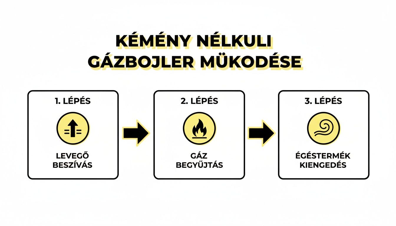 A kémény nélküli gázbojler működését bemutató ábra. Levegő beszívás, gáz begyújtás és égéstermék kiengedés lépései.