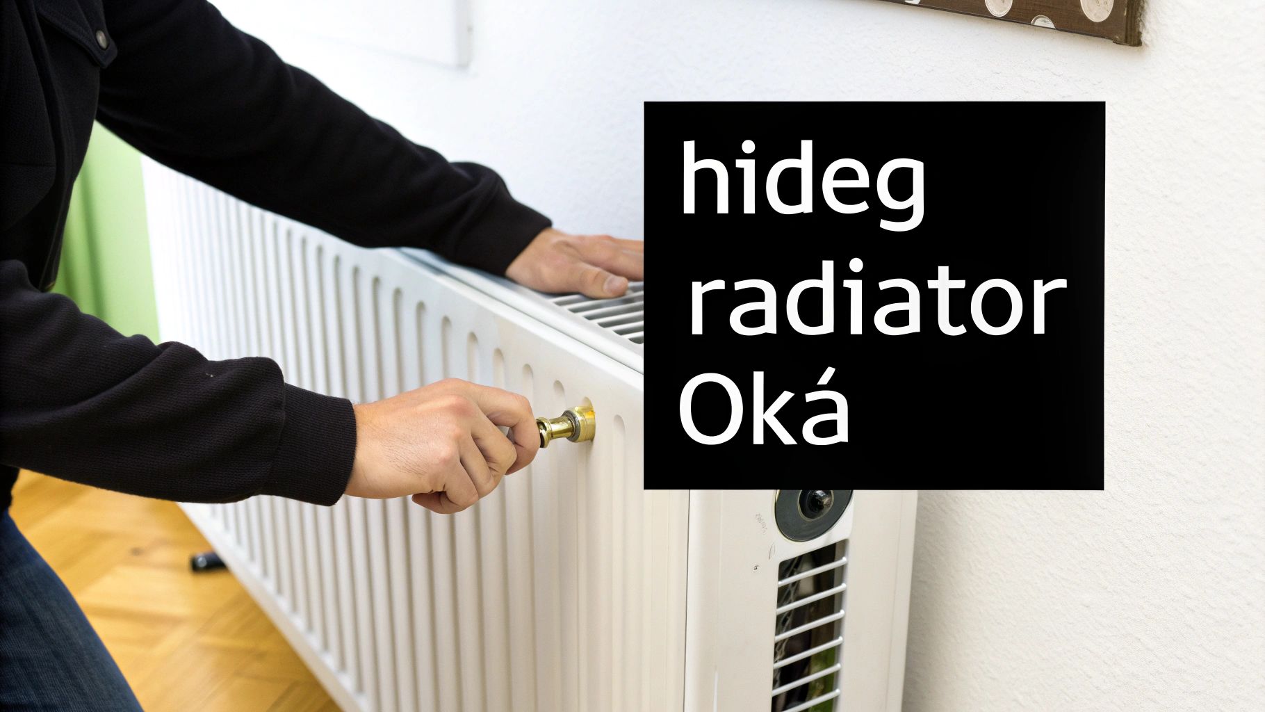 Szakember hideg radiátor Oká-ján dolgozik, kézi szerszámmal állítja be a radiátor szelepet